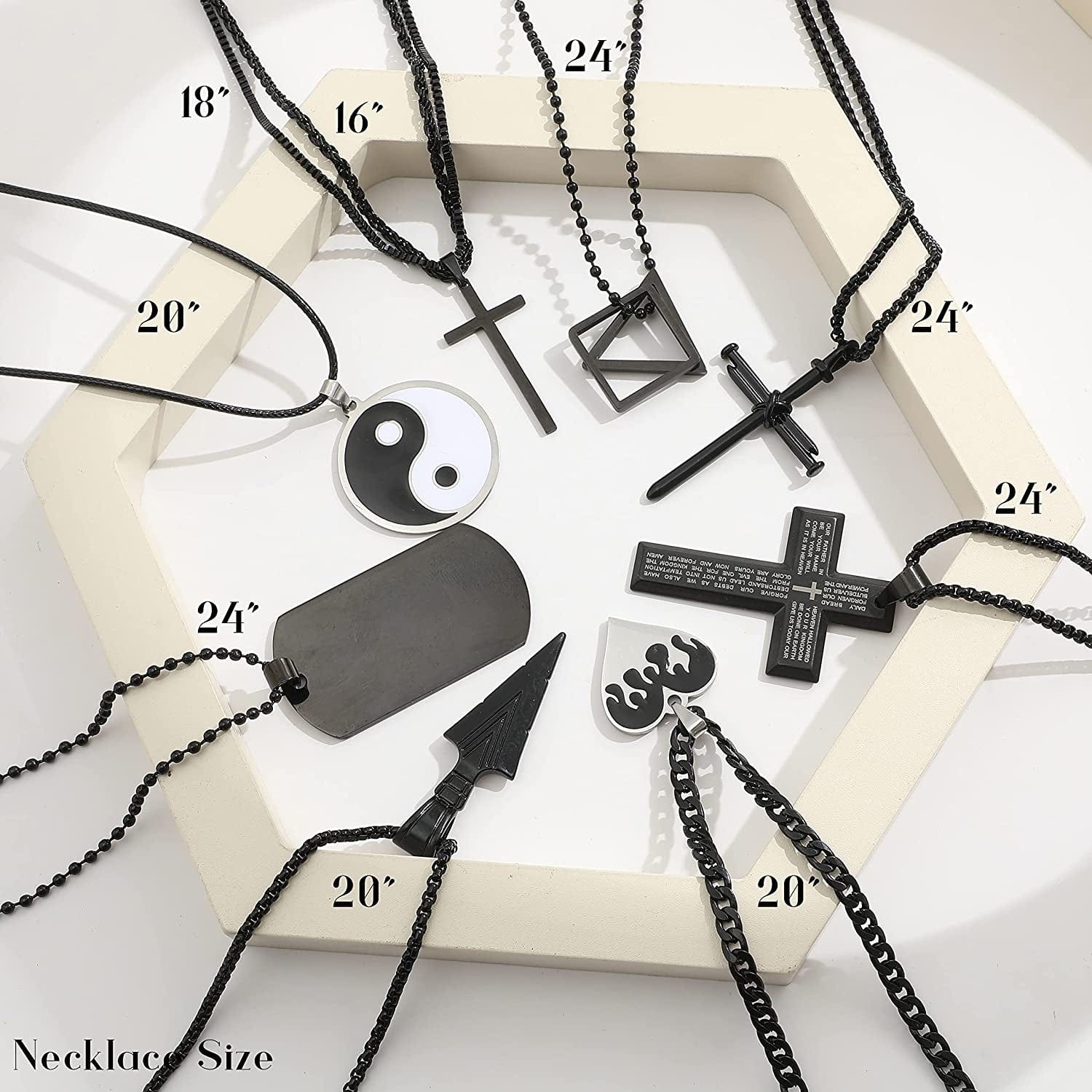 8Pcs Black Pendant Necklace for Men Boy Jewelry, Stainless Steel Chain Cross Necklace, Cool Punk Men'S Necklaces Set Jewelry for Gifts, 16-24 Inches Chain