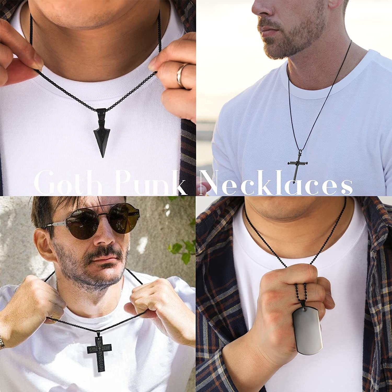 8Pcs Black Pendant Necklace for Men Boy Jewelry, Stainless Steel Chain Cross Necklace, Cool Punk Men'S Necklaces Set Jewelry for Gifts, 16-24 Inches Chain