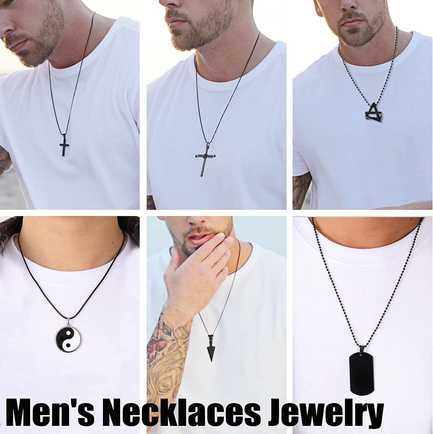 8Pcs Black Pendant Necklace for Men Boy Jewelry, Stainless Steel Chain Cross Necklace, Cool Punk Men'S Necklaces Set Jewelry for Gifts, 16-24 Inches Chain