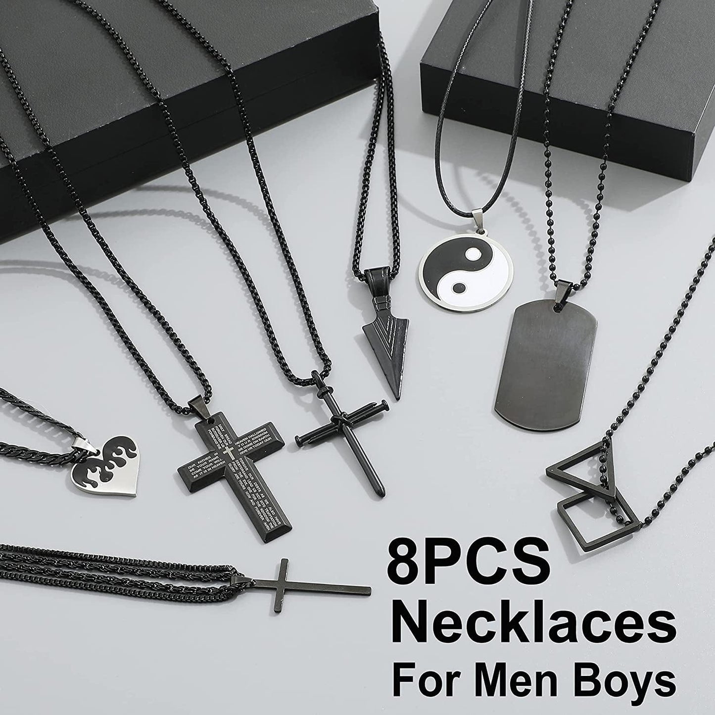 8Pcs Black Pendant Necklace for Men Boy Jewelry, Stainless Steel Chain Cross Necklace, Cool Punk Men'S Necklaces Set Jewelry for Gifts, 16-24 Inches Chain