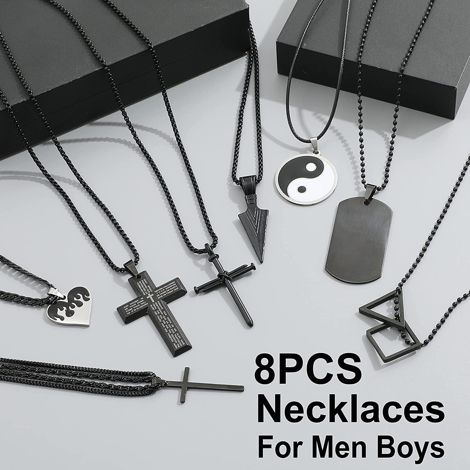 8Pcs Black Pendant Necklace for Men Boy Jewelry, Stainless Steel Chain Cross Necklace, Cool Punk Men'S Necklaces Set Jewelry for Gifts, 16-24 Inches Chain