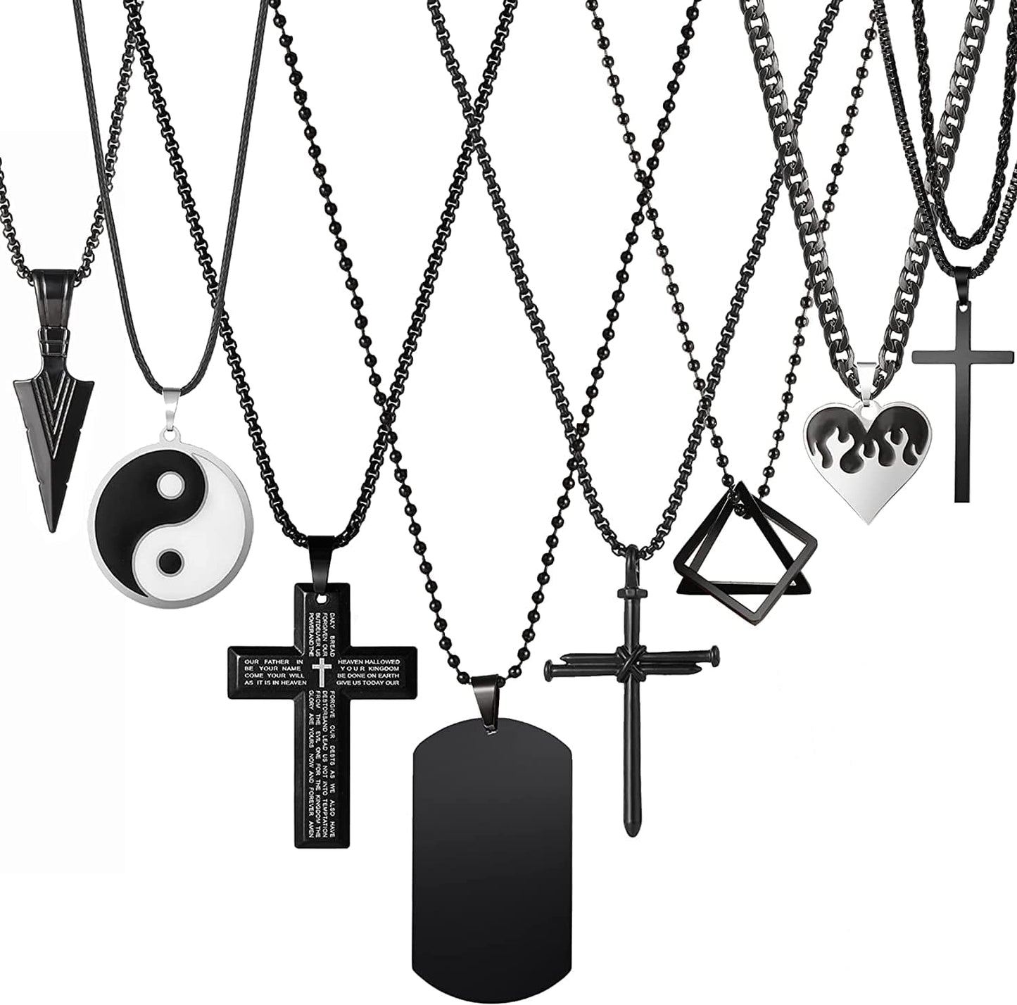 8Pcs Black Pendant Necklace for Men Boy Jewelry, Stainless Steel Chain Cross Necklace, Cool Punk Men'S Necklaces Set Jewelry for Gifts, 16-24 Inches Chain 1-Black Color set 1