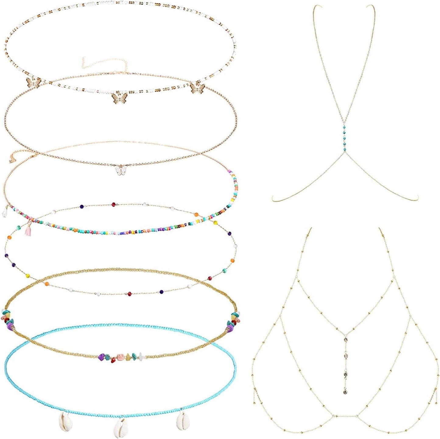 8PCS Waist Chains for Women,Colorful Summer Elastic African Waist Beads,Gold Belly Chain Jewelry,Butterfly Crystal Beach Boho Bikini Body Chain,Adjustable Stomach Beads, Bra Chain,Chest Chain Set Apparel & Accessories > Jewelry > Body Jewelry Z&C Hana