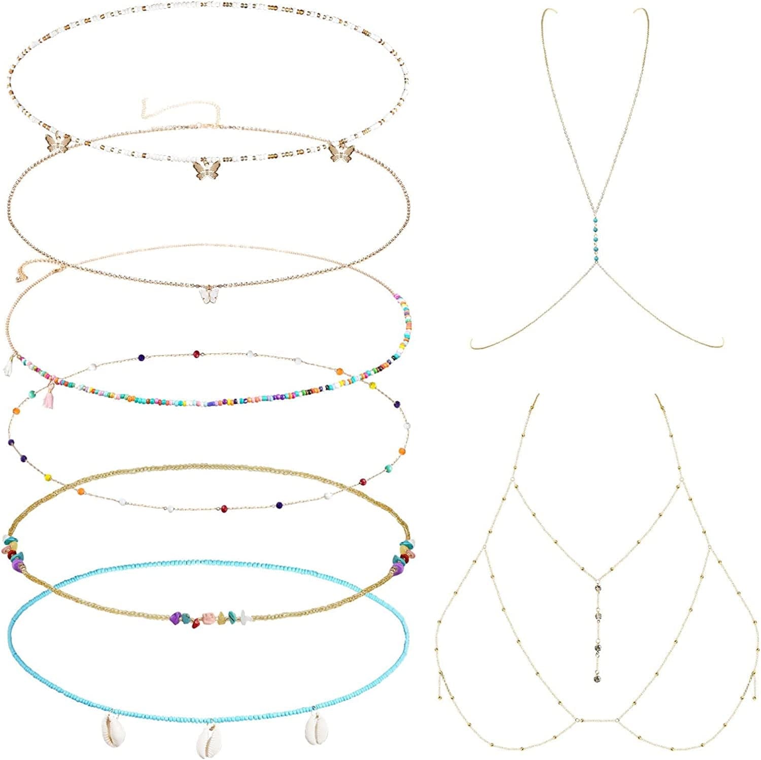 8PCS Waist Chains for Women,Colorful Summer Elastic African Waist Beads,Gold Belly Chain Jewelry,Butterfly Crystal Beach Boho Bikini Body Chain,Adjustable Stomach Beads, Bra Chain,Chest Chain Set Apparel & Accessories > Jewelry > Body Jewelry Z&C Hana