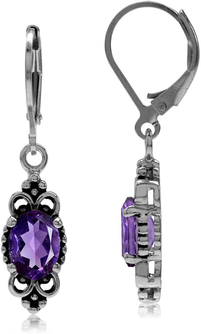 8X6Mm Oval Shape 925 Sterling Silver Bali Balinese Style Leverback Dangle Earrings… genuine purple amethyst