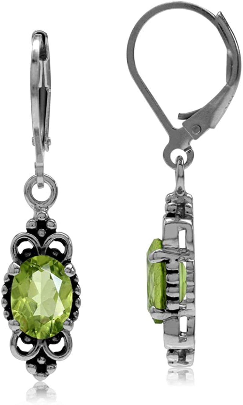 8X6Mm Oval Shape 925 Sterling Silver Bali Balinese Style Leverback Dangle Earrings… natural green peridot