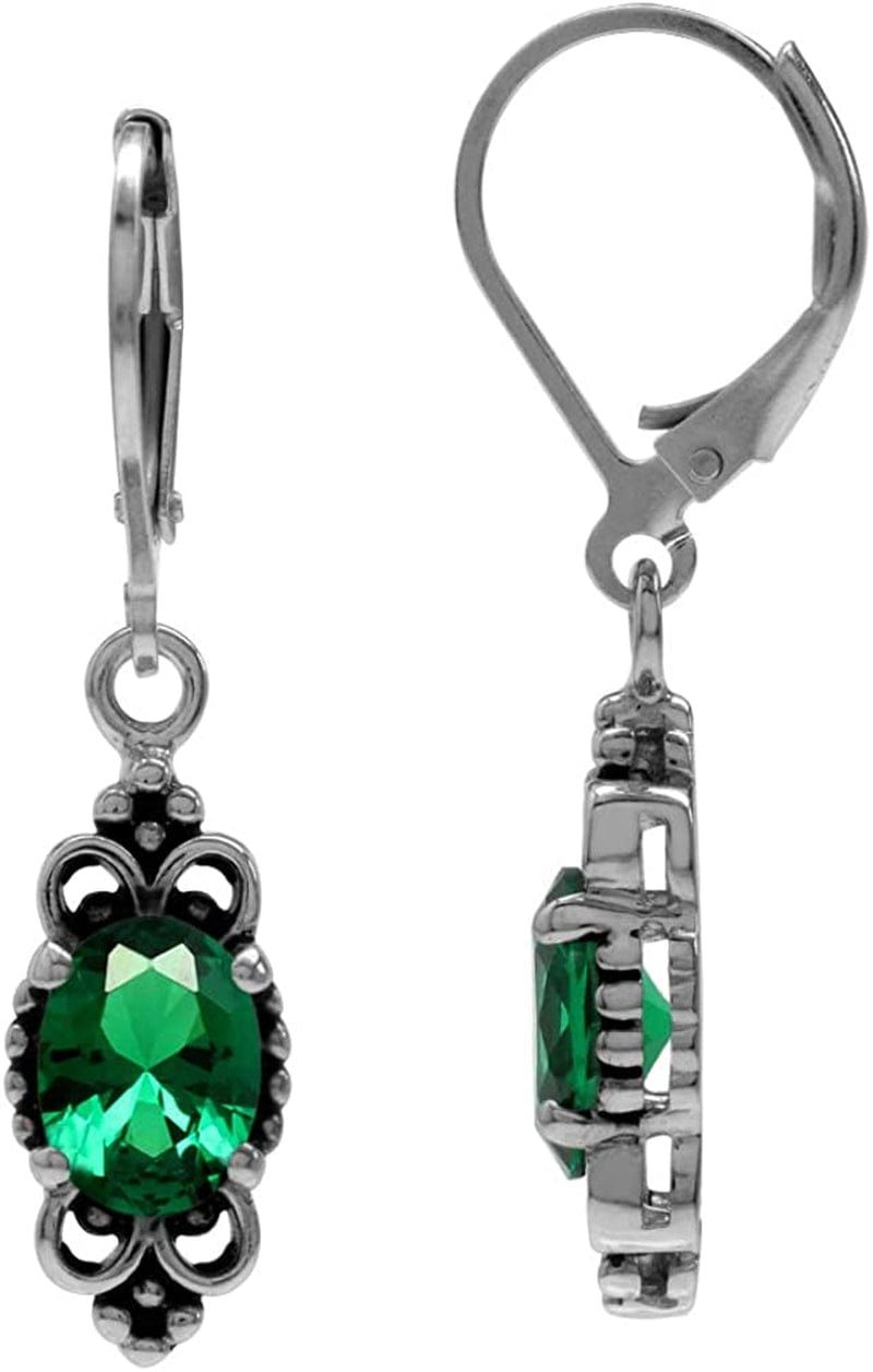 8X6Mm Oval Shape 925 Sterling Silver Bali Balinese Style Leverback Dangle Earrings… created emerald-may birthstone