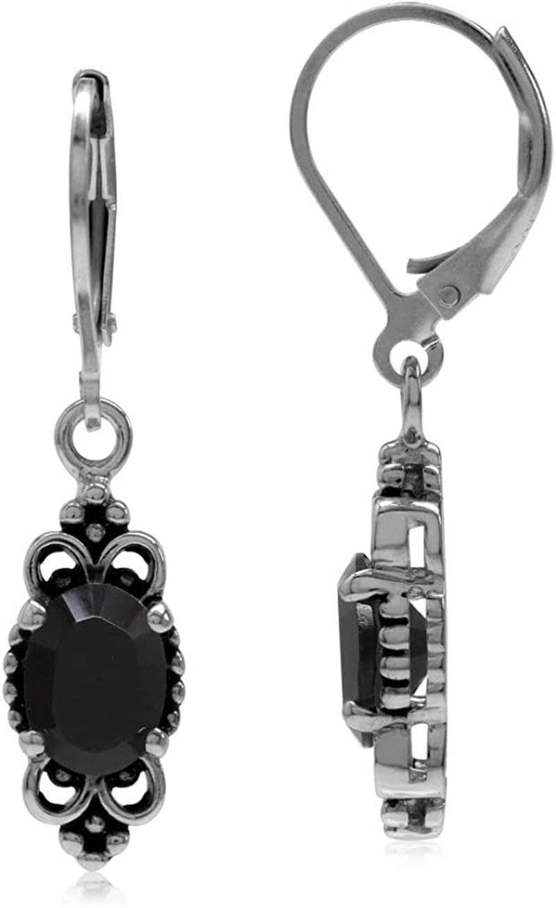 8X6Mm Oval Shape 925 Sterling Silver Bali Balinese Style Leverback Dangle Earrings… natural black onyx