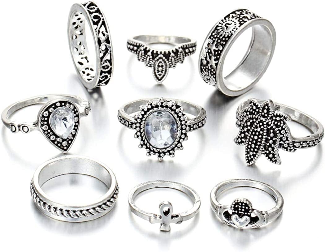 9-15PCS Knuckle Stacking Rings Set for Women Crystal Rhinestone Finger Statement Ring Sets Vintage Joint Knot Mid Rings for Teen Girls Stackable Rings Jewelry Accessories Silver-9PCS
