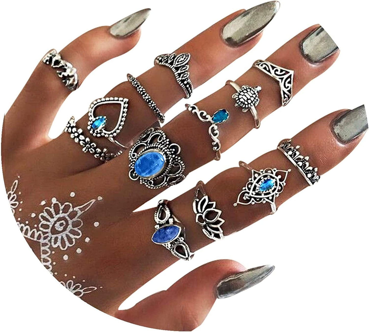 9-15PCS Knuckle Stacking Rings Set for Women Crystal Rhinestone Finger Statement Ring Sets Vintage Joint Knot Mid Rings for Teen Girls Stackable Rings Jewelry Accessories Silver-13PCS