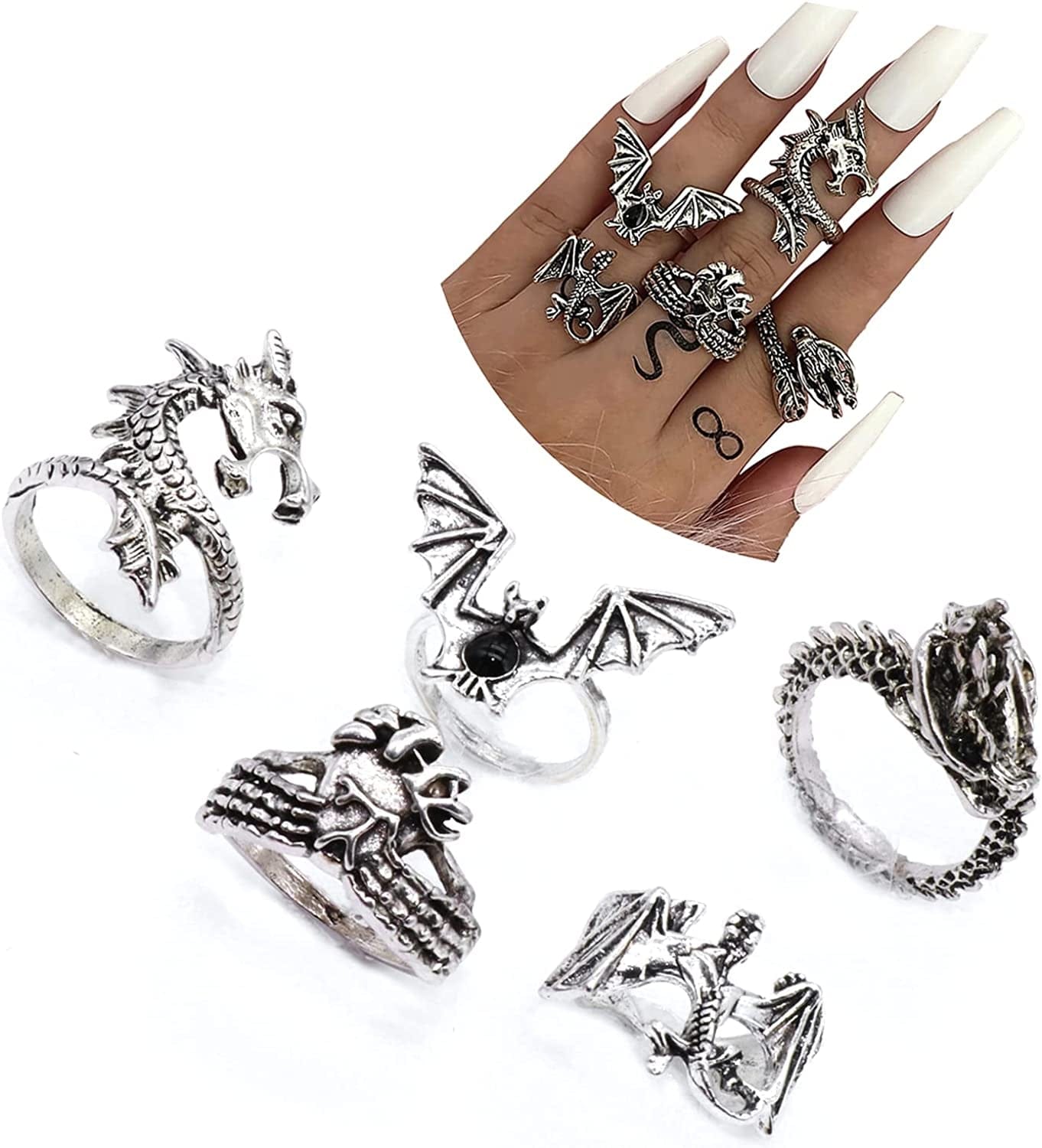 9-15PCS Knuckle Stacking Rings Set for Women Crystal Rhinestone Finger Statement Ring Sets Vintage Joint Knot Mid Rings for Teen Girls Stackable Rings Jewelry Accessories Silver Dragon&Bat
