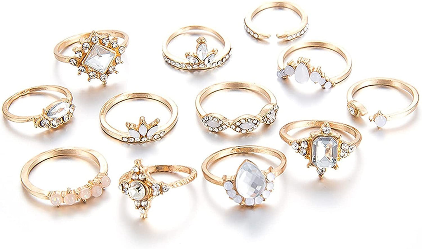 9-15PCS Knuckle Stacking Rings Set for Women Crystal Rhinestone Finger Statement Ring Sets Vintage Joint Knot Mid Rings for Teen Girls Stackable Rings Jewelry Accessories Gold Rhinestone