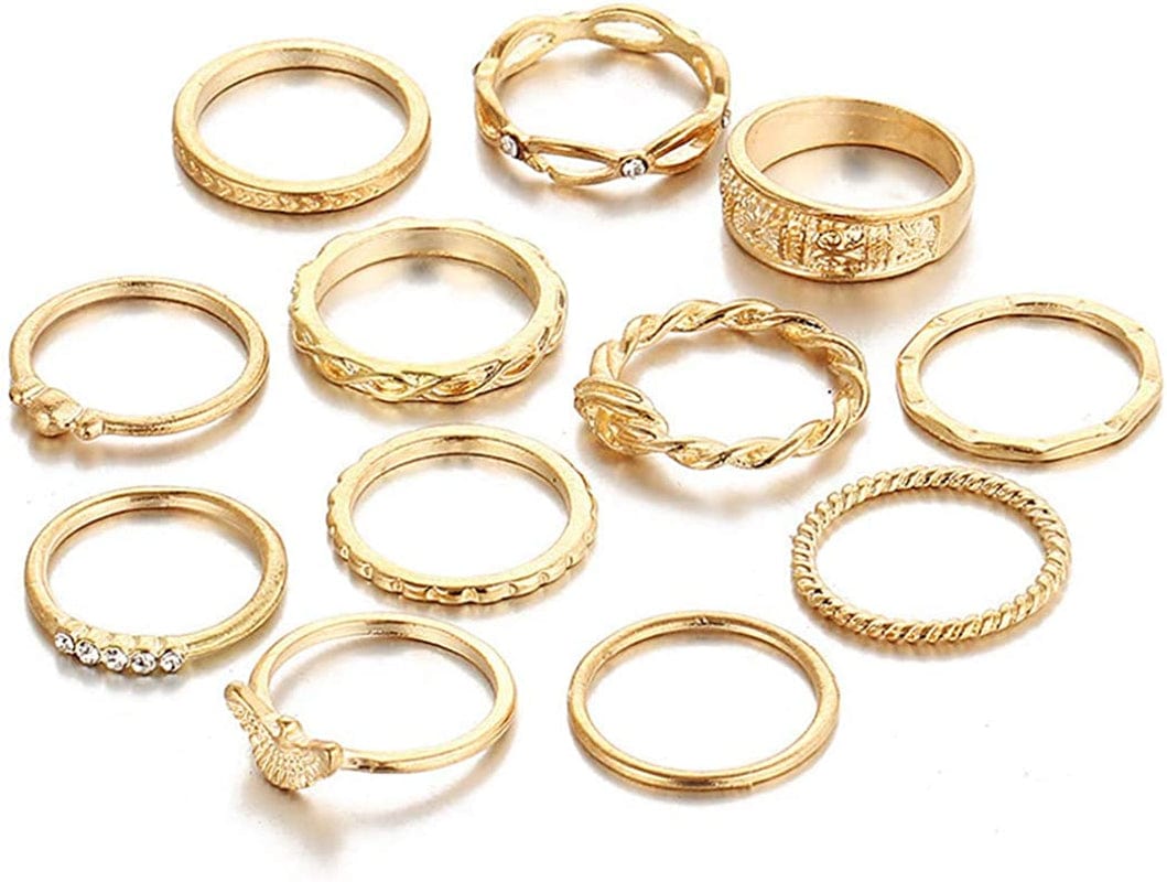 9-15PCS Knuckle Stacking Rings Set for Women Crystal Rhinestone Finger Statement Ring Sets Vintage Joint Knot Mid Rings for Teen Girls Stackable Rings Jewelry Accessories Gold-12PCS