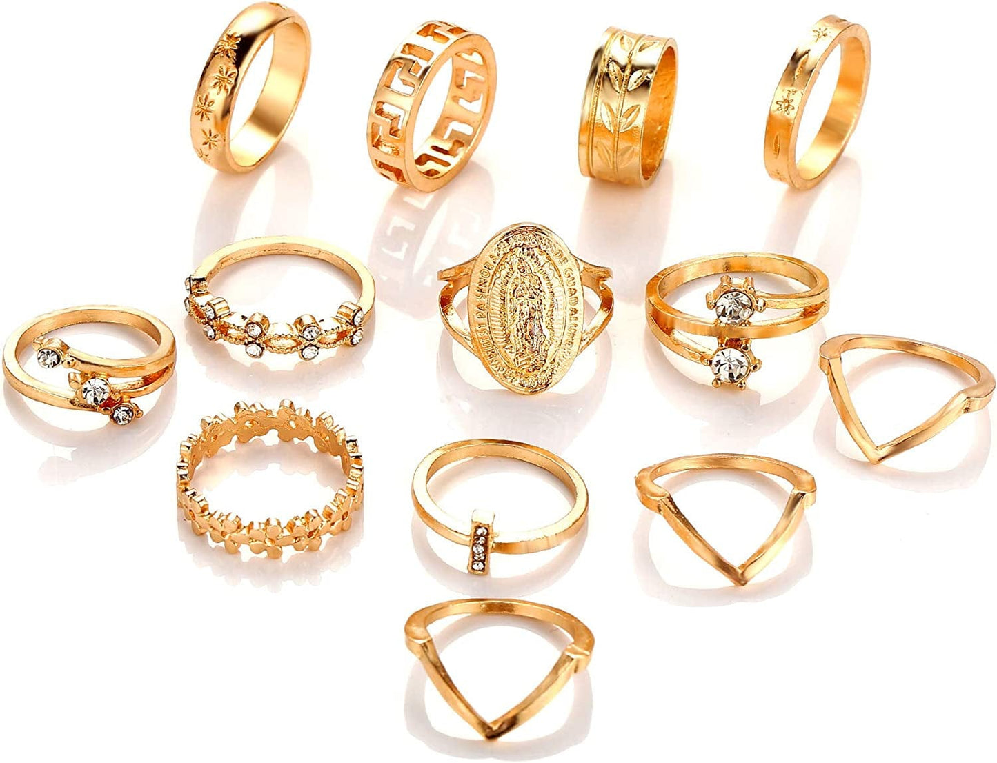 9-15PCS Knuckle Stacking Rings Set for Women Crystal Rhinestone Finger Statement Ring Sets Vintage Joint Knot Mid Rings for Teen Girls Stackable Rings Jewelry Accessories Gold Shield Rings
