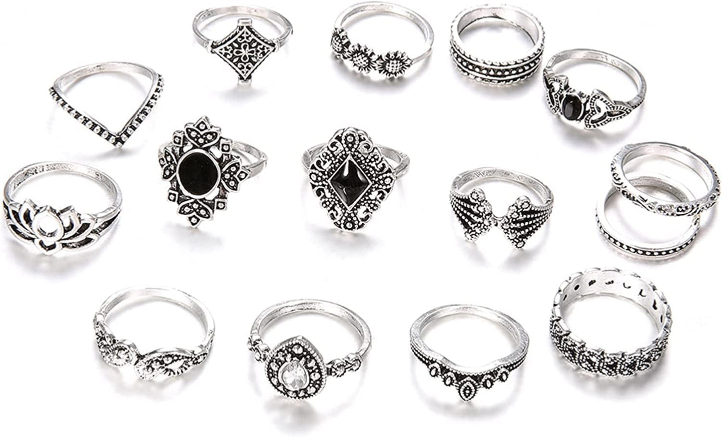 9-15PCS Knuckle Stacking Rings Set for Women Crystal Rhinestone Finger Statement Ring Sets Vintage Joint Knot Mid Rings for Teen Girls Stackable Rings Jewelry Accessories Black Gem-15PCS