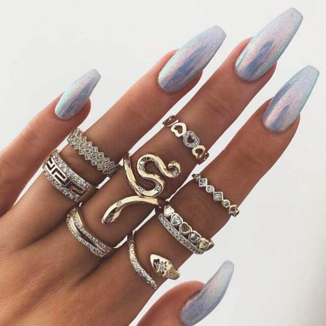 9-15PCS Knuckle Stacking Rings Set for Women Crystal Rhinestone Finger Statement Ring Sets Vintage Joint Knot Mid Rings for Teen Girls Stackable Rings Jewelry Accessories Style-Snake Rhinestone Ring