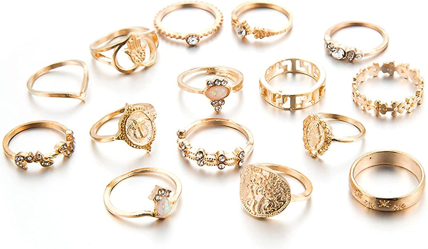 9-15PCS Knuckle Stacking Rings Set for Women Crystal Rhinestone Finger Statement Ring Sets Vintage Joint Knot Mid Rings for Teen Girls Stackable Rings Jewelry Accessories Gold Crystal Rhinestone