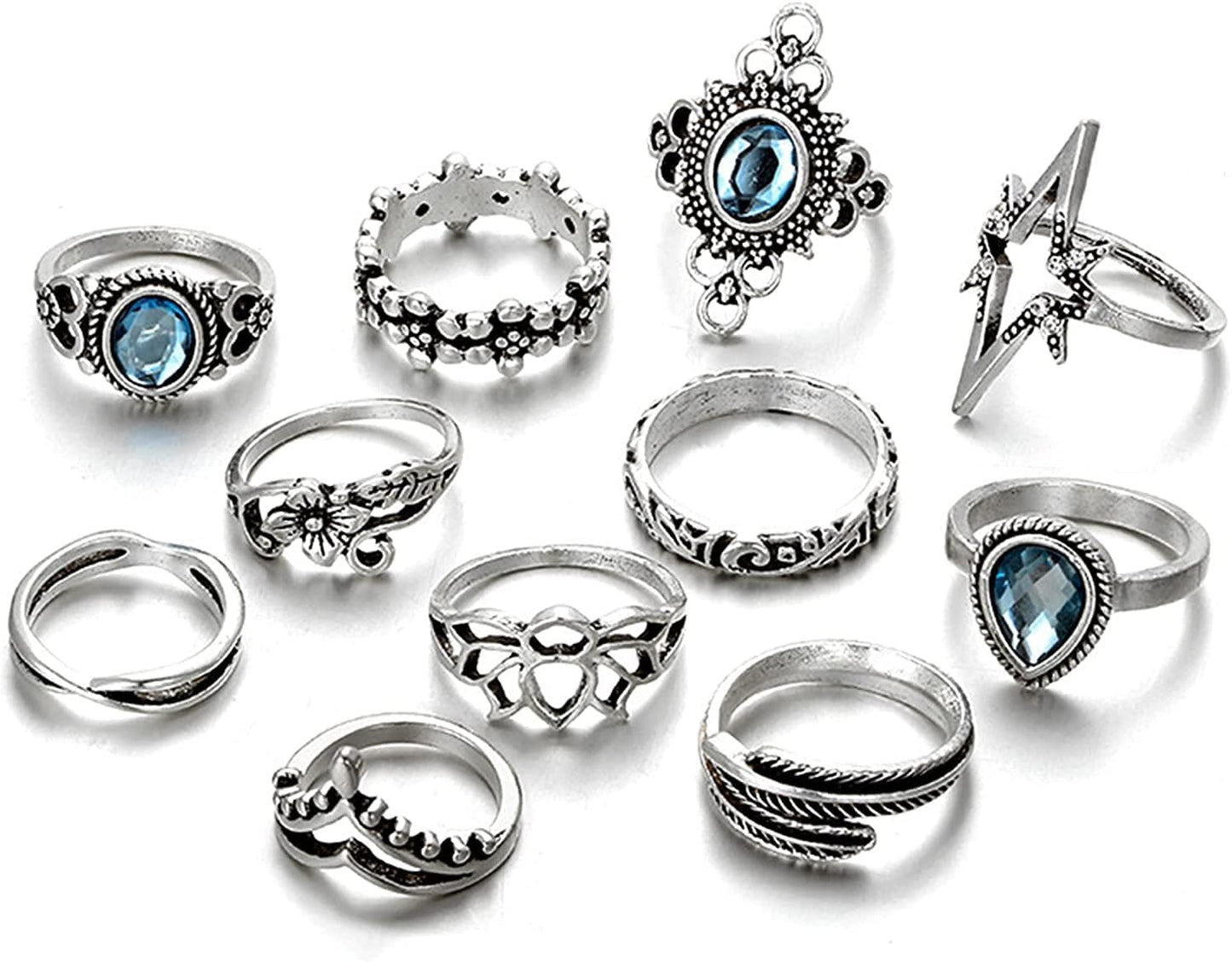 9-15PCS Knuckle Stacking Rings Set for Women Crystal Rhinestone Finger Statement Ring Sets Vintage Joint Knot Mid Rings for Teen Girls Stackable Rings Jewelry Accessories Silver-11PCS