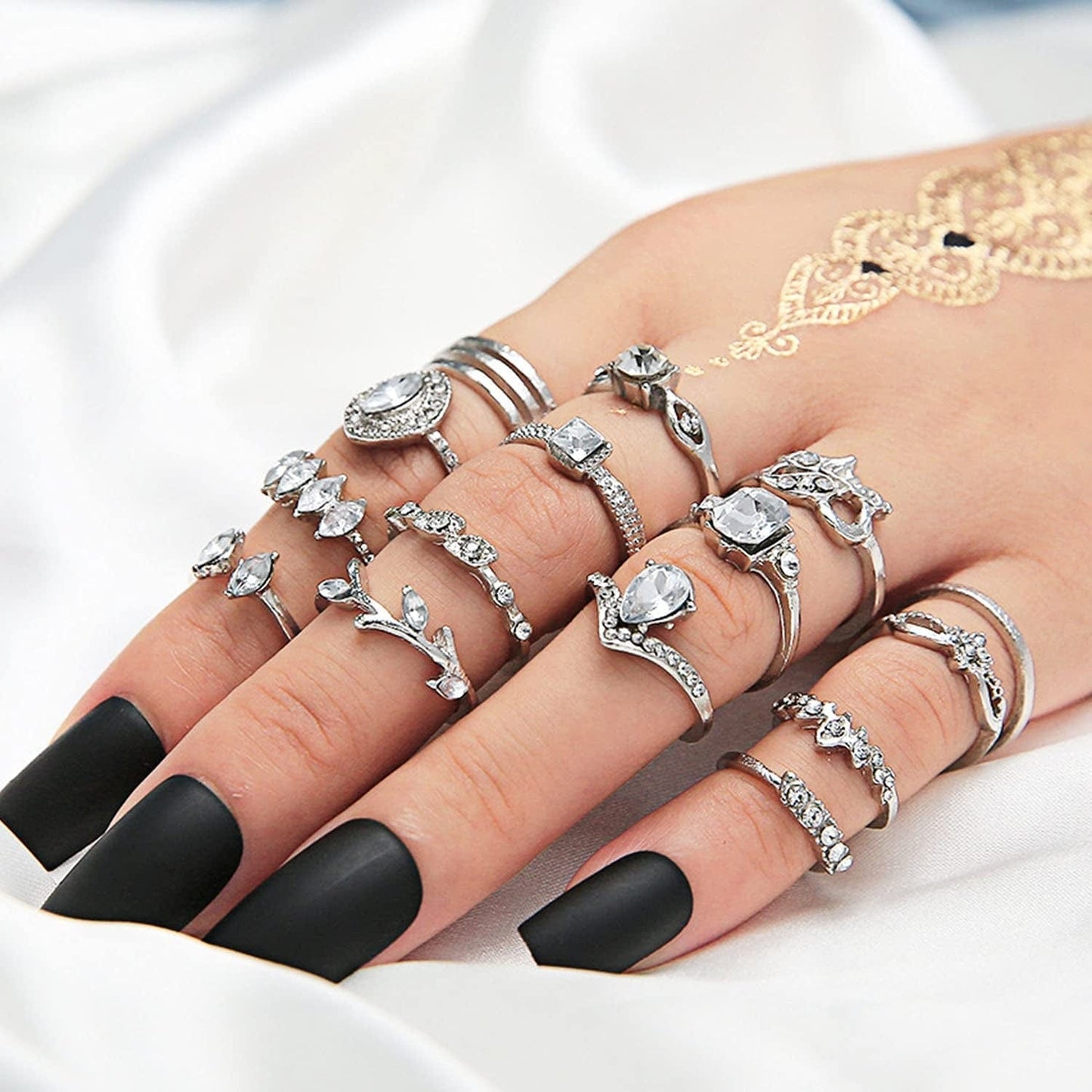 9-15PCS Knuckle Stacking Rings Set for Women Crystal Rhinestone Finger Statement Ring Sets Vintage Joint Knot Mid Rings for Teen Girls Stackable Rings Jewelry Accessories