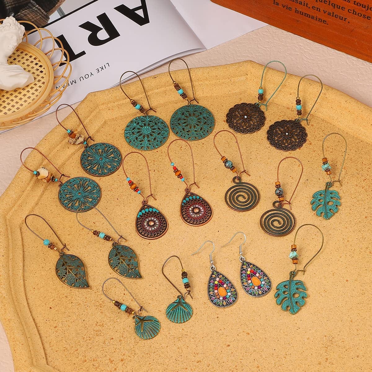 9 Pairs Bohemian Vintage Dangle Earrings Boho Retro Hollow Metal Dangle Drop Earrings for Women Girls