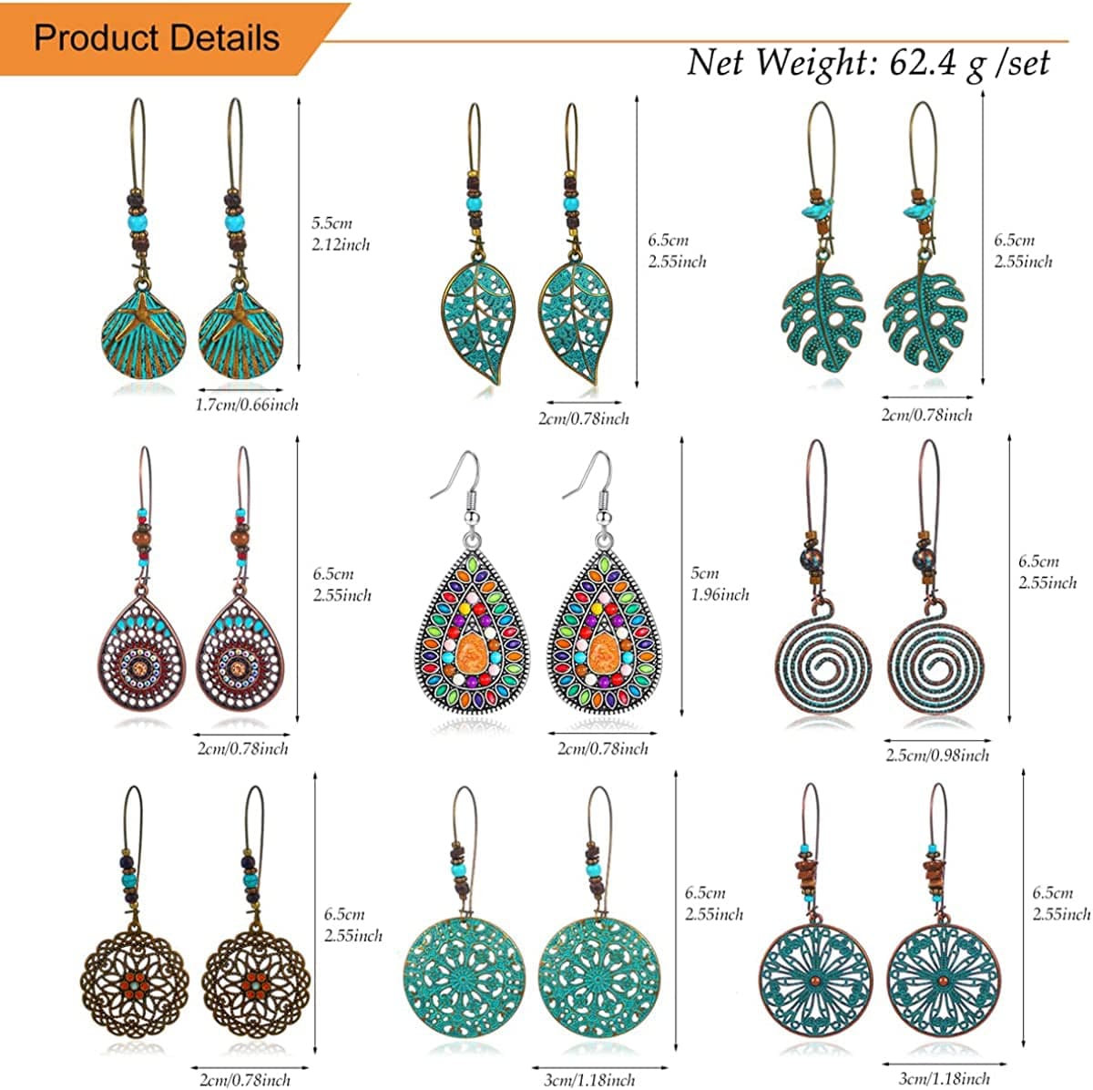 9 Pairs Bohemian Vintage Dangle Earrings Boho Retro Hollow Metal Dangle Drop Earrings for Women Girls