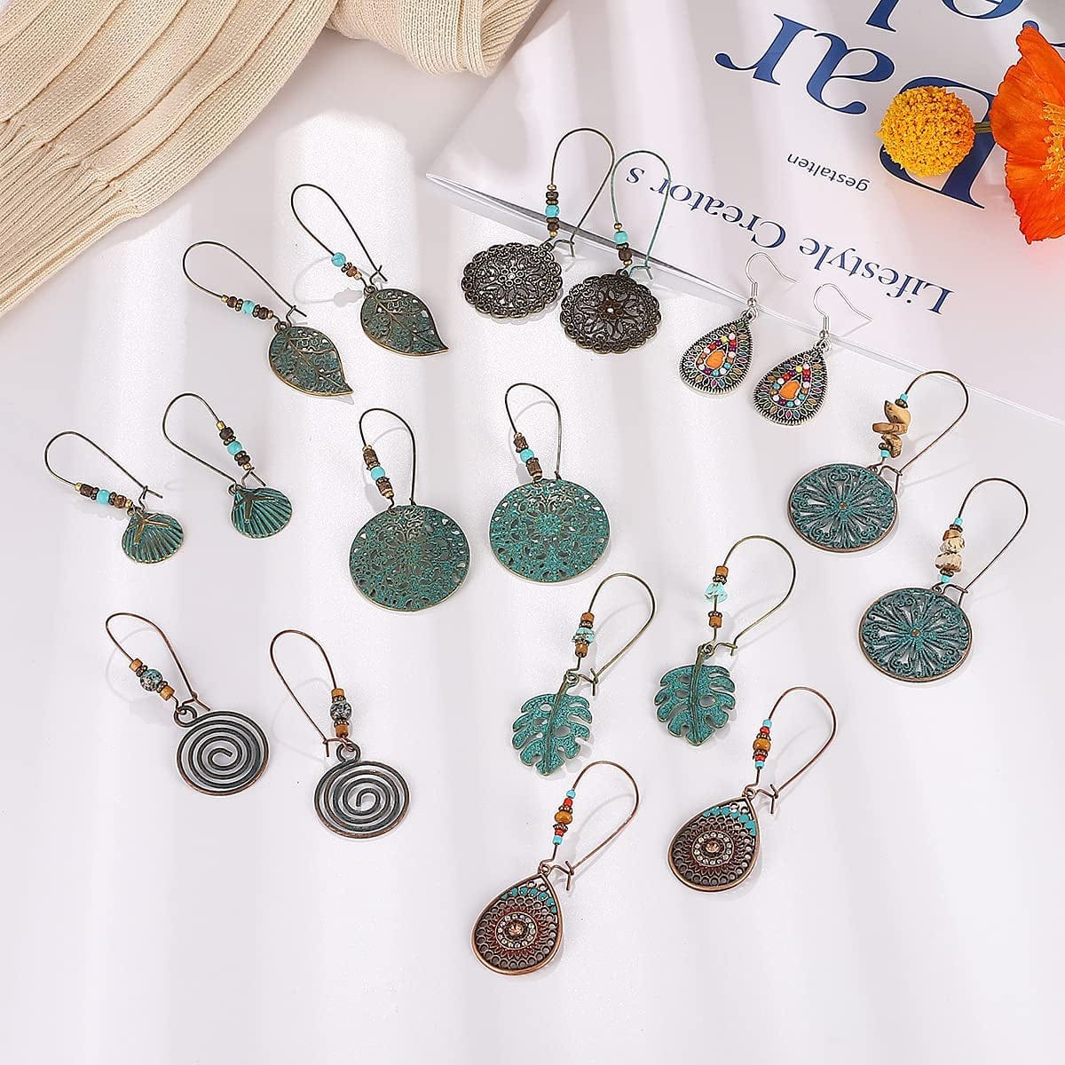 9 Pairs Bohemian Vintage Dangle Earrings Boho Retro Hollow Metal Dangle Drop Earrings for Women Girls