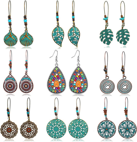 9 Pairs Bohemian Vintage Dangle Earrings Boho Retro Hollow Metal Dangle Drop Earrings for Women Girls