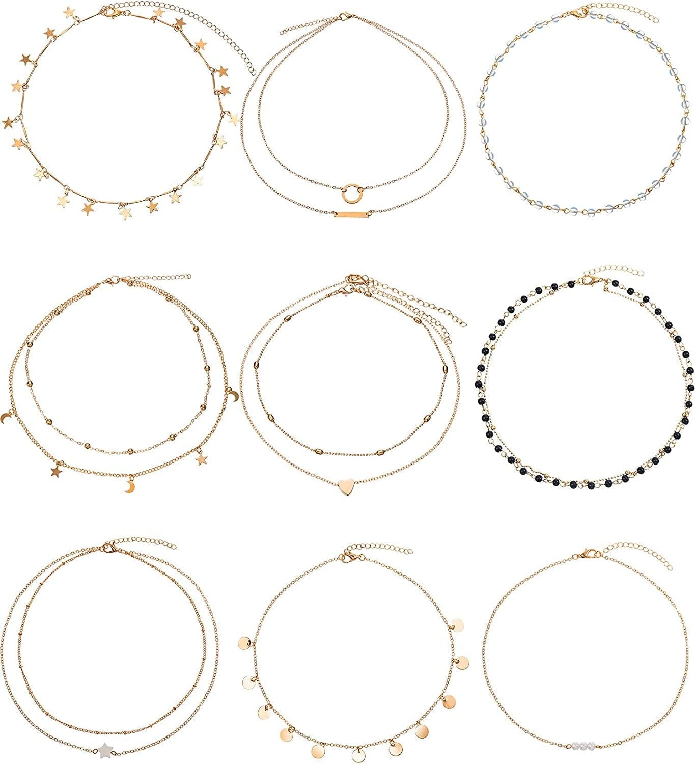 9 Pieces Gold Layering Chain Choker Necklace Layered Pendant Statement Necklace for Women Girls (Style A)