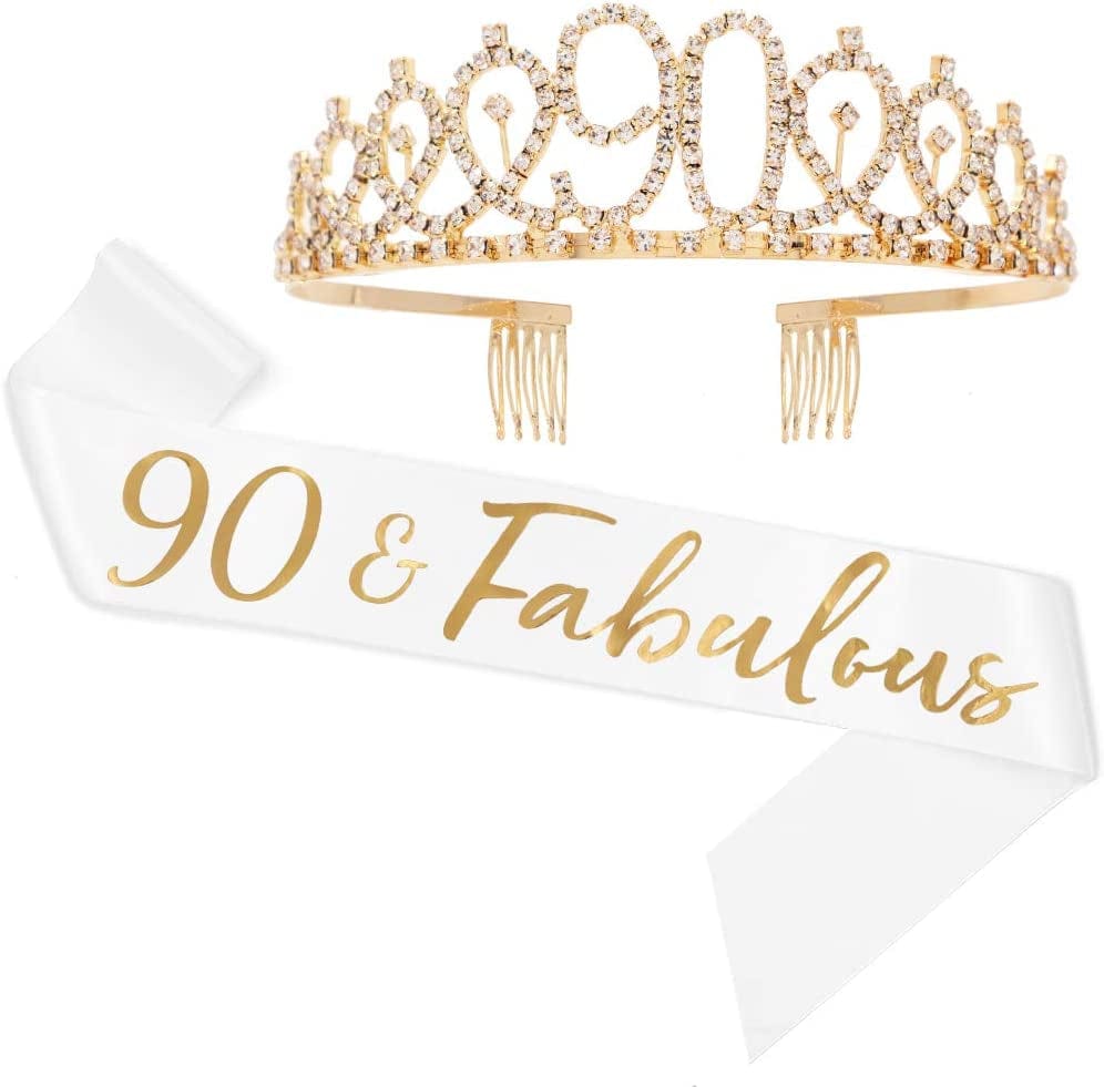 "90 and Fabulous" Sash & Rhinestone Tiara Set - 90Th Birthday Gifts Birthday Sash for Women Birthday Party Supplies (White/Gold) Apparel & Accessories > Clothing Accessories > Sashes ADBetty
