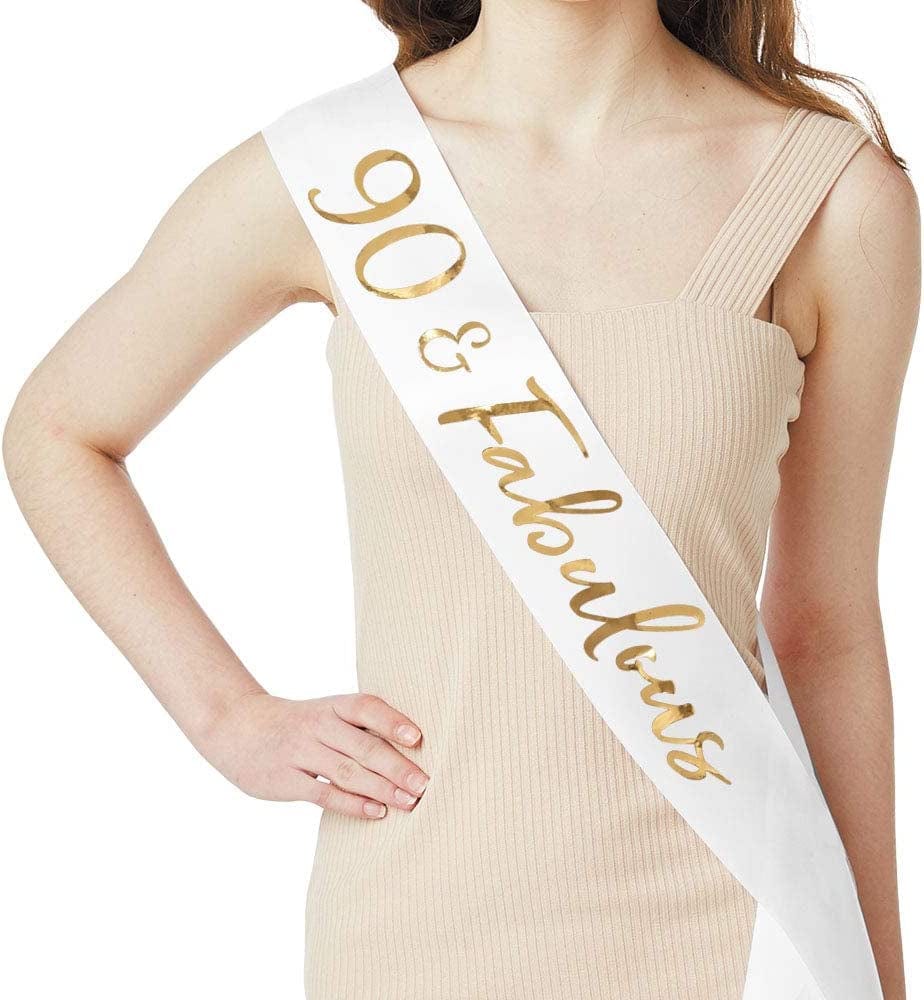 "90 and Fabulous" Sash & Rhinestone Tiara Set - 90Th Birthday Gifts Birthday Sash for Women Birthday Party Supplies (White/Gold) Apparel & Accessories > Clothing Accessories > Sashes ADBetty