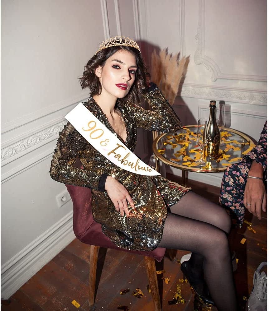"90 and Fabulous" Sash & Rhinestone Tiara Set - 90Th Birthday Gifts Birthday Sash for Women Birthday Party Supplies (White/Gold) Apparel & Accessories > Clothing Accessories > Sashes ADBetty