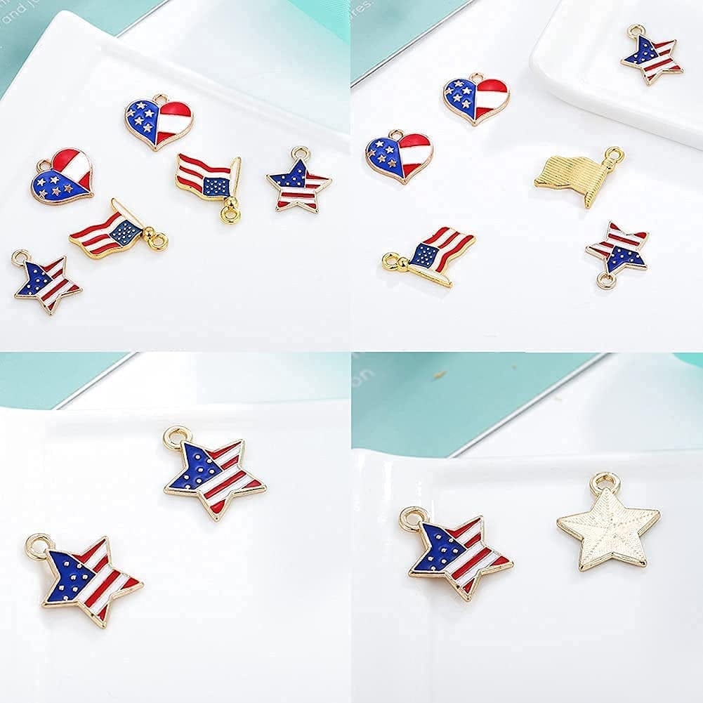 90 Pcs American Flag Charms, Pendant Patriotic Enamel Charms for Independence Day 4Th of July Flag Dangle Star & Heart Charm Ornament DIY Jewelry Bracelets Necklaces Earrings Head Cords 90
