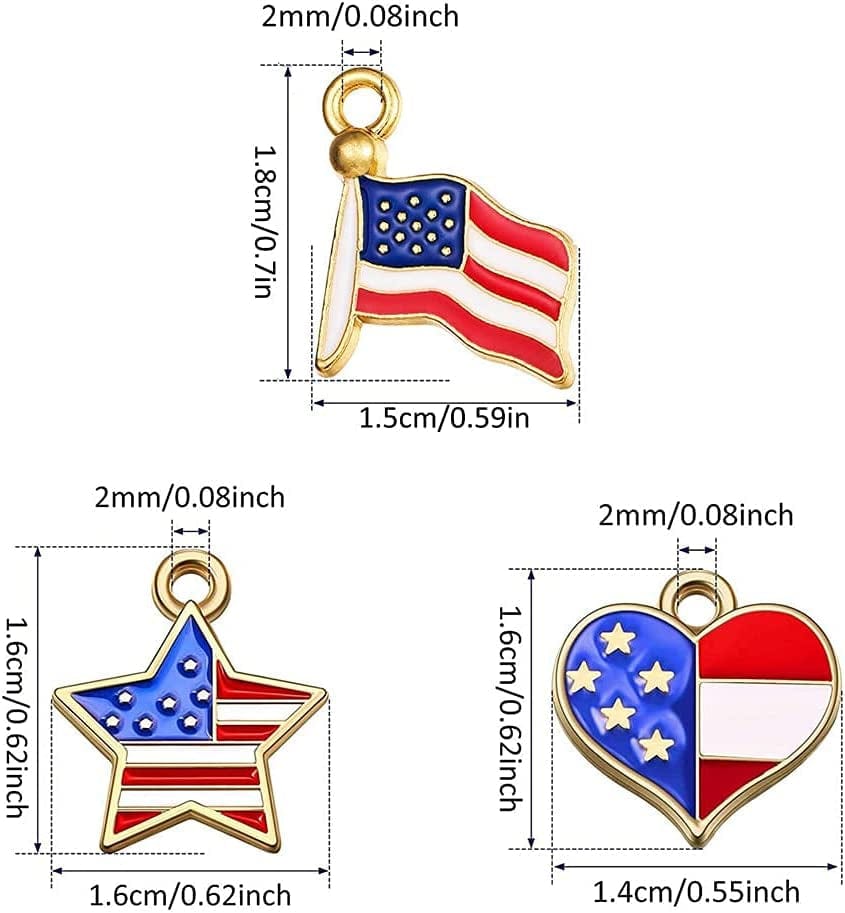 90 Pcs American Flag Charms, Pendant Patriotic Enamel Charms for Independence Day 4Th of July Flag Dangle Star & Heart Charm Ornament DIY Jewelry Bracelets Necklaces Earrings Head Cords 90