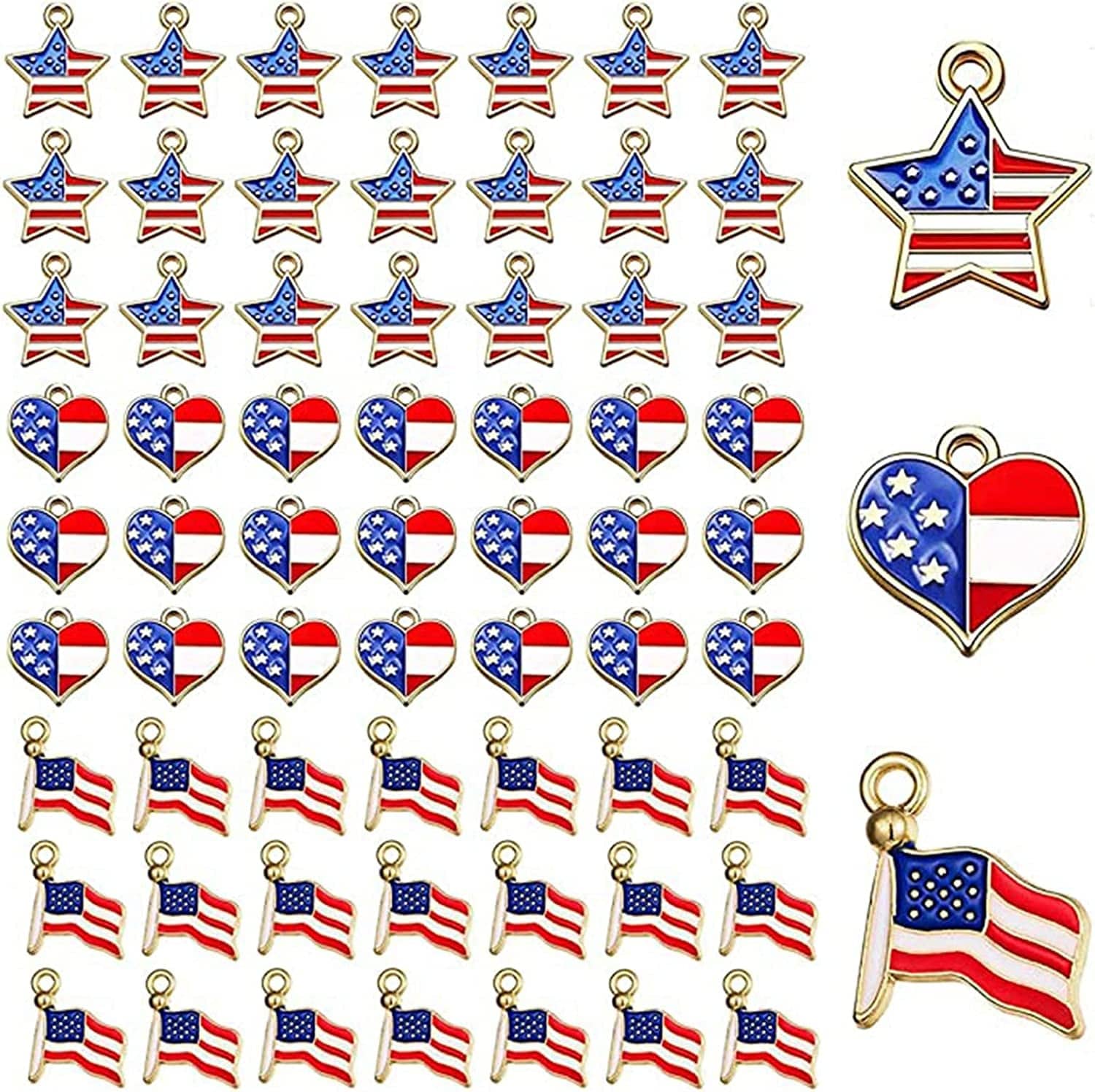 90 Pcs American Flag Charms, Pendant Patriotic Enamel Charms for Independence Day 4Th of July Flag Dangle Star & Heart Charm Ornament DIY Jewelry Bracelets Necklaces Earrings Head Cords 90