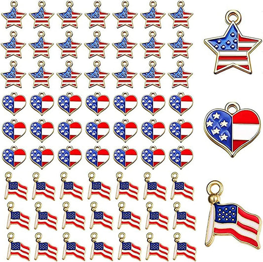 90 Pcs American Flag Charms, Pendant Patriotic Enamel Charms for Independence Day 4Th of July Flag Dangle Star & Heart Charm Ornament DIY Jewelry Bracelets Necklaces Earrings Head Cords 90