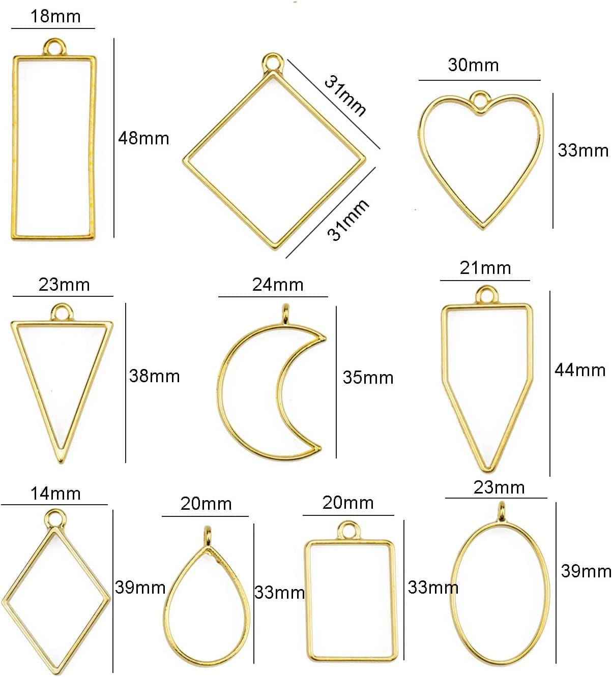 90 Pieces Open Bezel Pendants for Resin, 10 Styles Assorted Metal Geometric Hollow Frame Pendant Blanks Charms Craft Bezels Jewelry Molds for Earrings, Necklace, Making Supplies