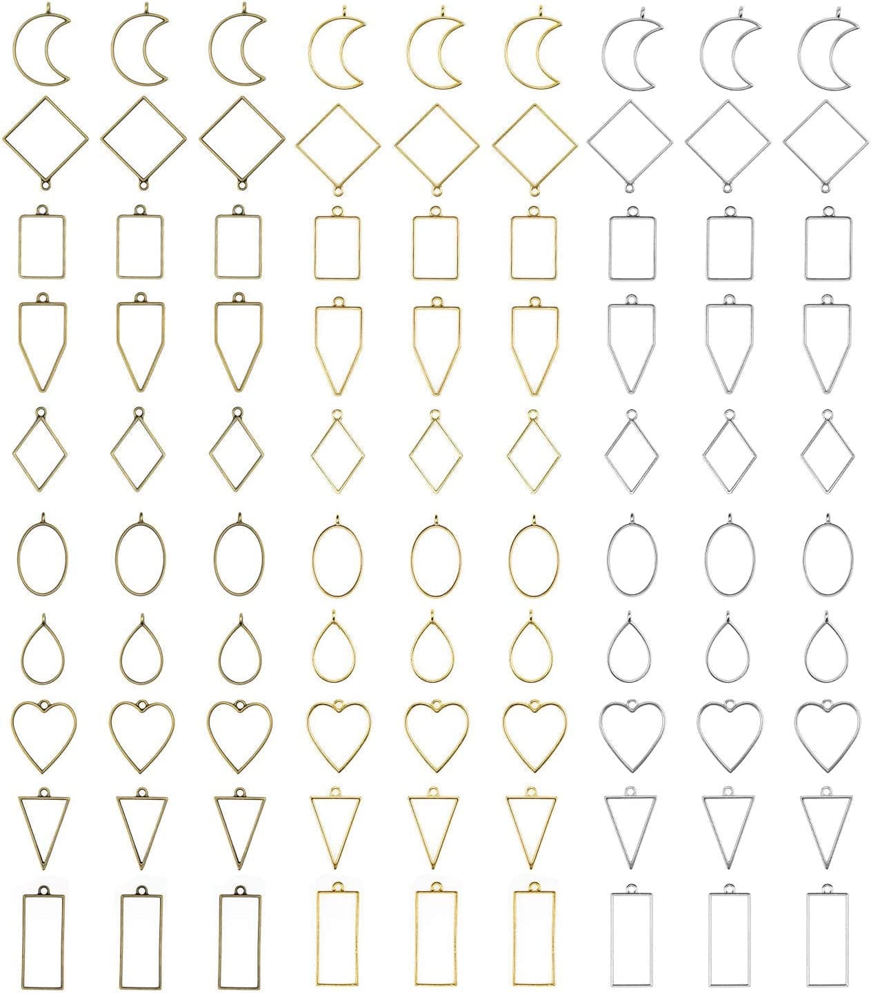 90 Pieces Open Bezel Pendants for Resin, 10 Styles Assorted Metal Geometric Hollow Frame Pendant Blanks Charms Craft Bezels Jewelry Molds for Earrings, Necklace, Making Supplies