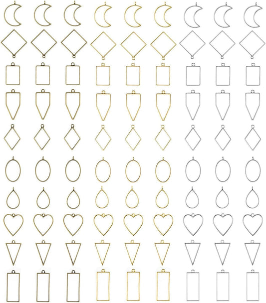 90 Pieces Open Bezel Pendants for Resin, 10 Styles Assorted Metal Geometric Hollow Frame Pendant Blanks Charms Craft Bezels Jewelry Molds for Earrings, Necklace, Making Supplies