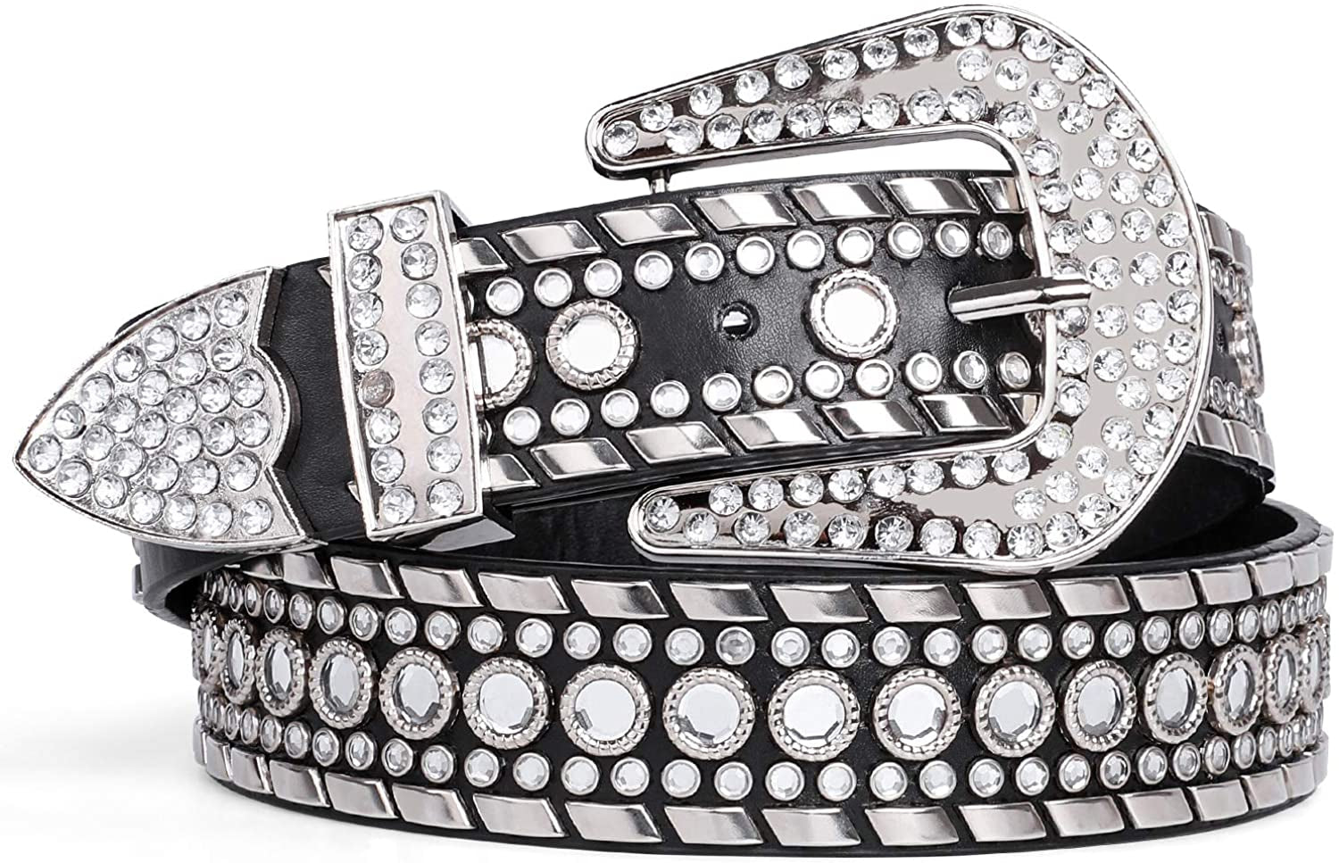 Rhinestone Belt for Men Women SUOSDEY Western Cowboy Cowgirl Bling Studded Leather Belt for Jeans Pants Apparel & Accessories > Clothing Accessories > Belts SUOSDEY 01-black XL: fits pants size 43”-46”