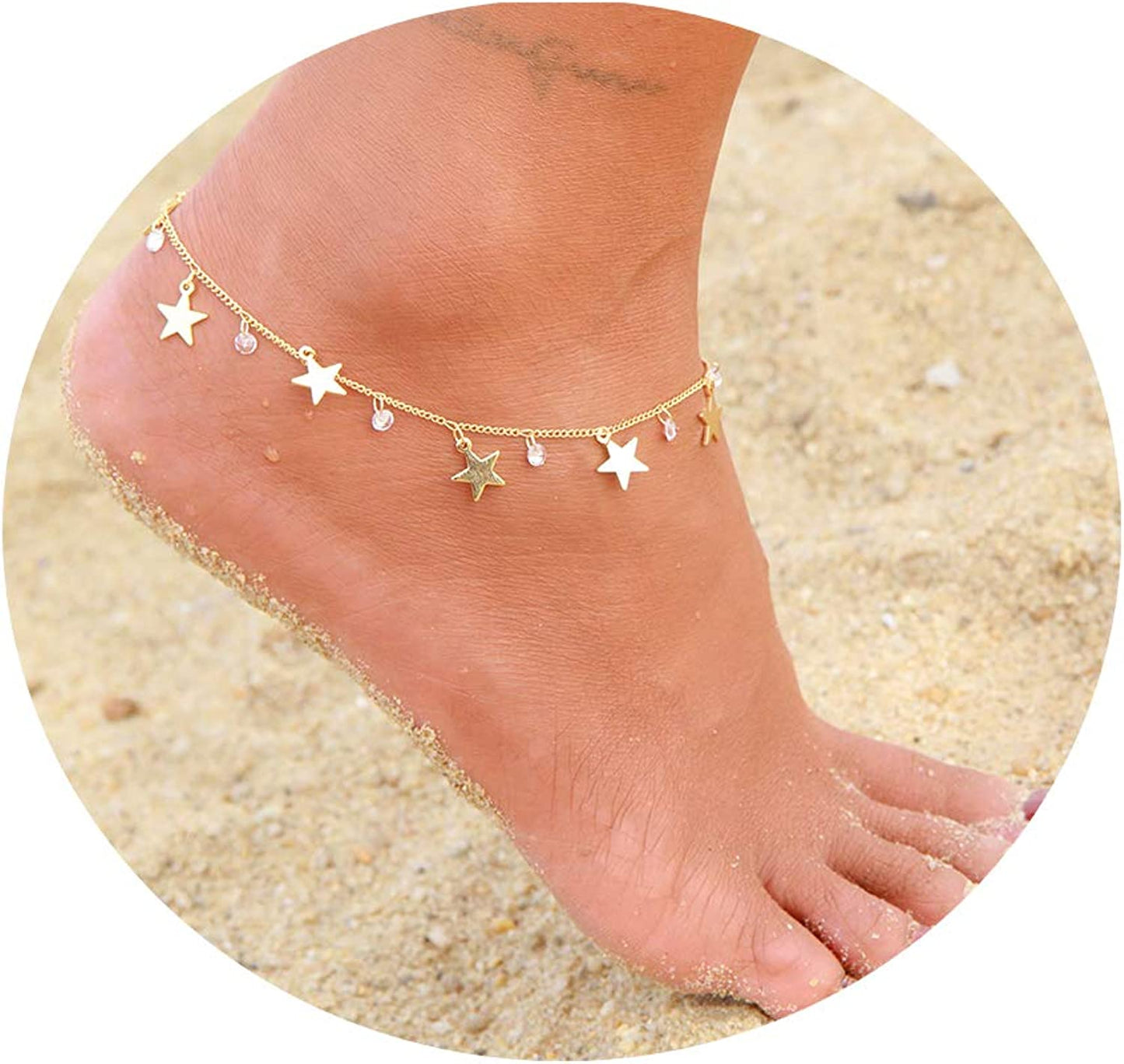 LOYATA Dainty Ankle Bracelet,14K Gold Plated Tiny Bead Anklet Dainty White Cubic Zirconia Cross Tassel Foot Chain Cute Lucky Moon Evil Eye Foot Jewelry Boho Anklets for Women Apparel & Accessories > Jewelry > Anklets LOYATA Star