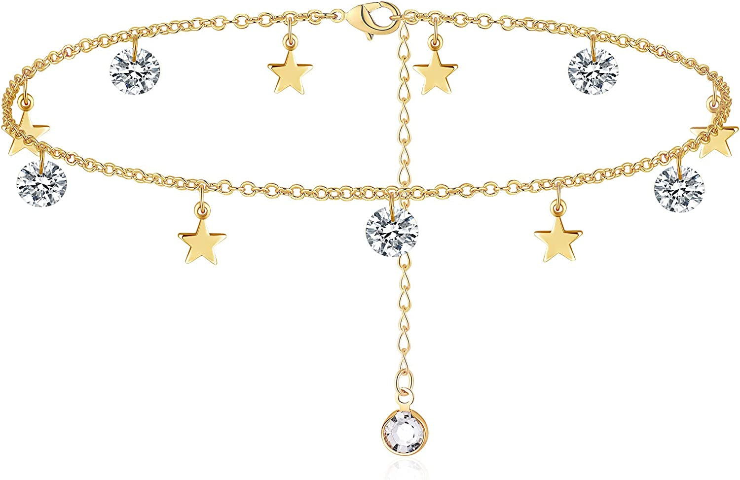 Turandoss Dainty Ankle Bracelets for Women, 14K Gold Filled Handmade Layered Anklet Cute Butterfly Evil Eye Elephant Star Summer Ankle Bracelets for Women Boho Beach Foot Chain Apparel & Accessories > Jewelry > Anklets Turandoss Dangling Stars CZ