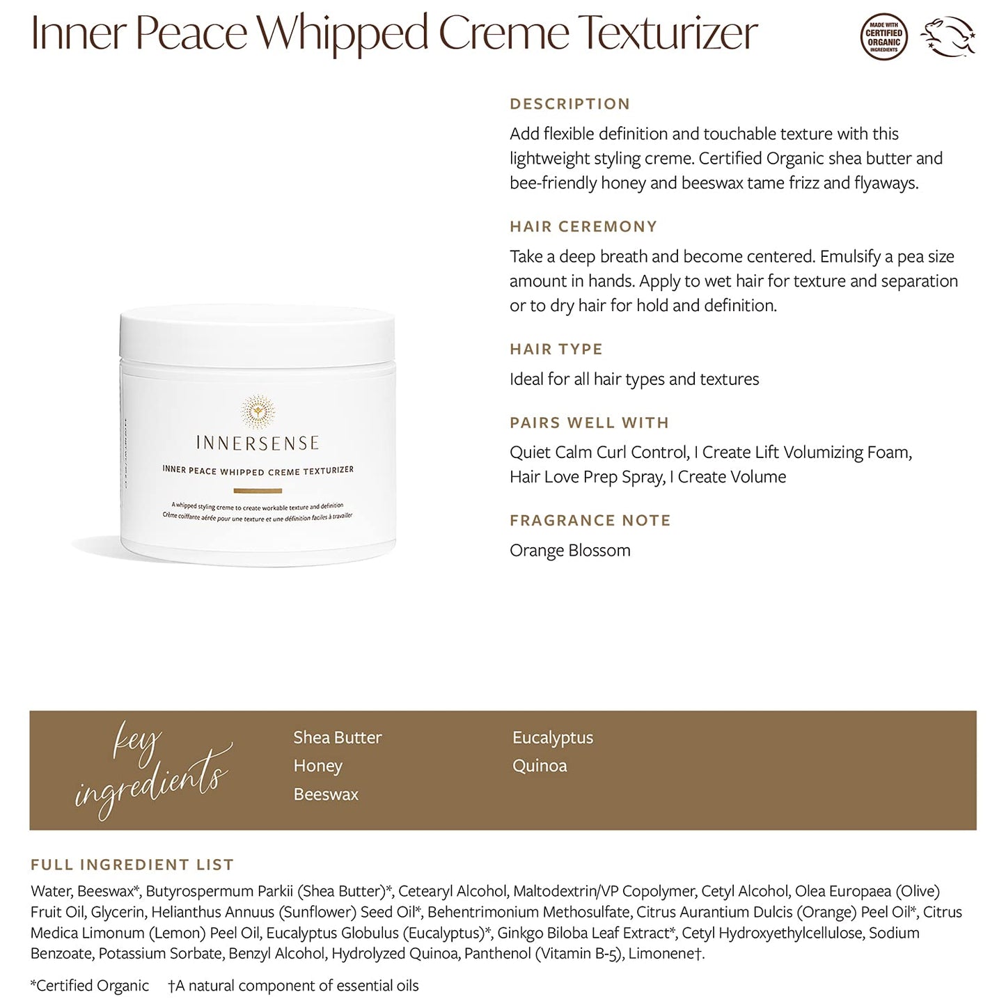 Innersense Organic Beauty - Natural Inner Peace Whipped Creme Texturizer | Non-Toxic, Cruelty-Free, Clean Haircare (3.4Oz) Health & Beauty > Personal Care > Hair Care INNERSENSE