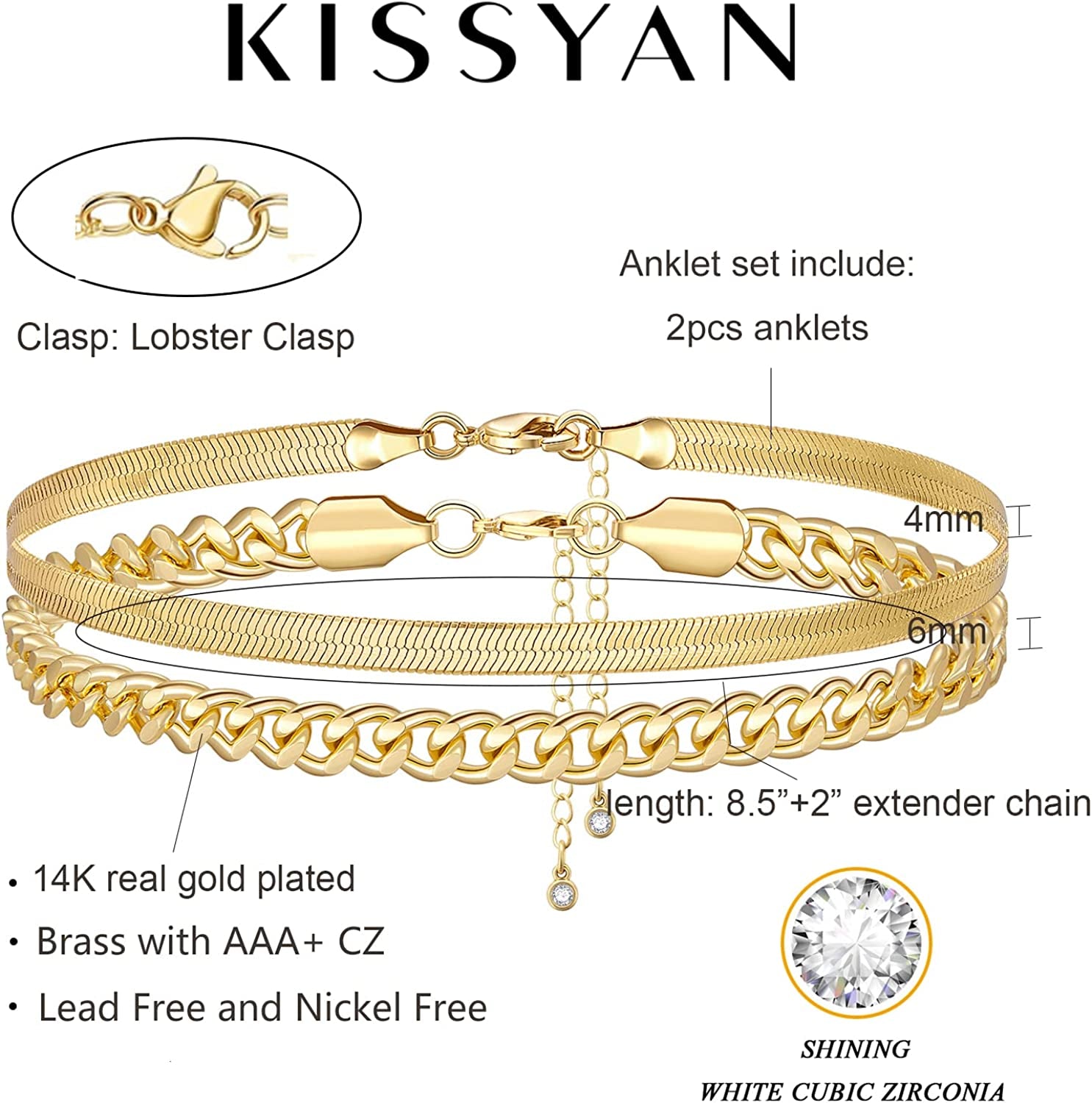 Kissyan Gold Layered Ankle Bracelets for Women, Dainty 14K Gold Plated Layering Anklets Set Adjustable Fashion Cuban Link Snake Tennis Chain Ankles Summer Beach Foot Jewelry Gifts for Women Girls Apparel & Accessories > Jewelry > Anklets KissYan