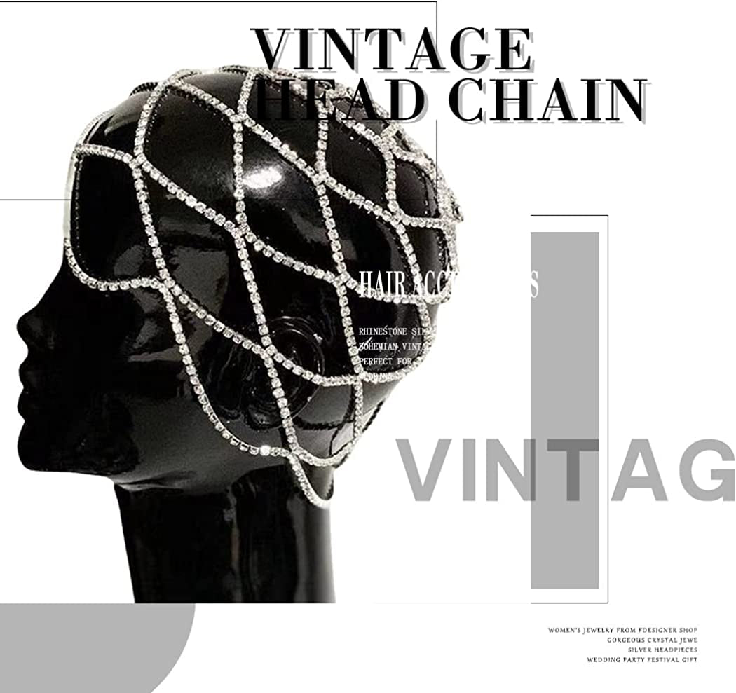 Fdesigner Crytsal Head Chain Silver Cap Headpieces Party Rhinestone Flapper Hairpieces Jewelry Gatsby Belly Dance Cleopatra Hair Accessories for Women Apparel & Accessories > Jewelry > Body Jewelry Fdesigner