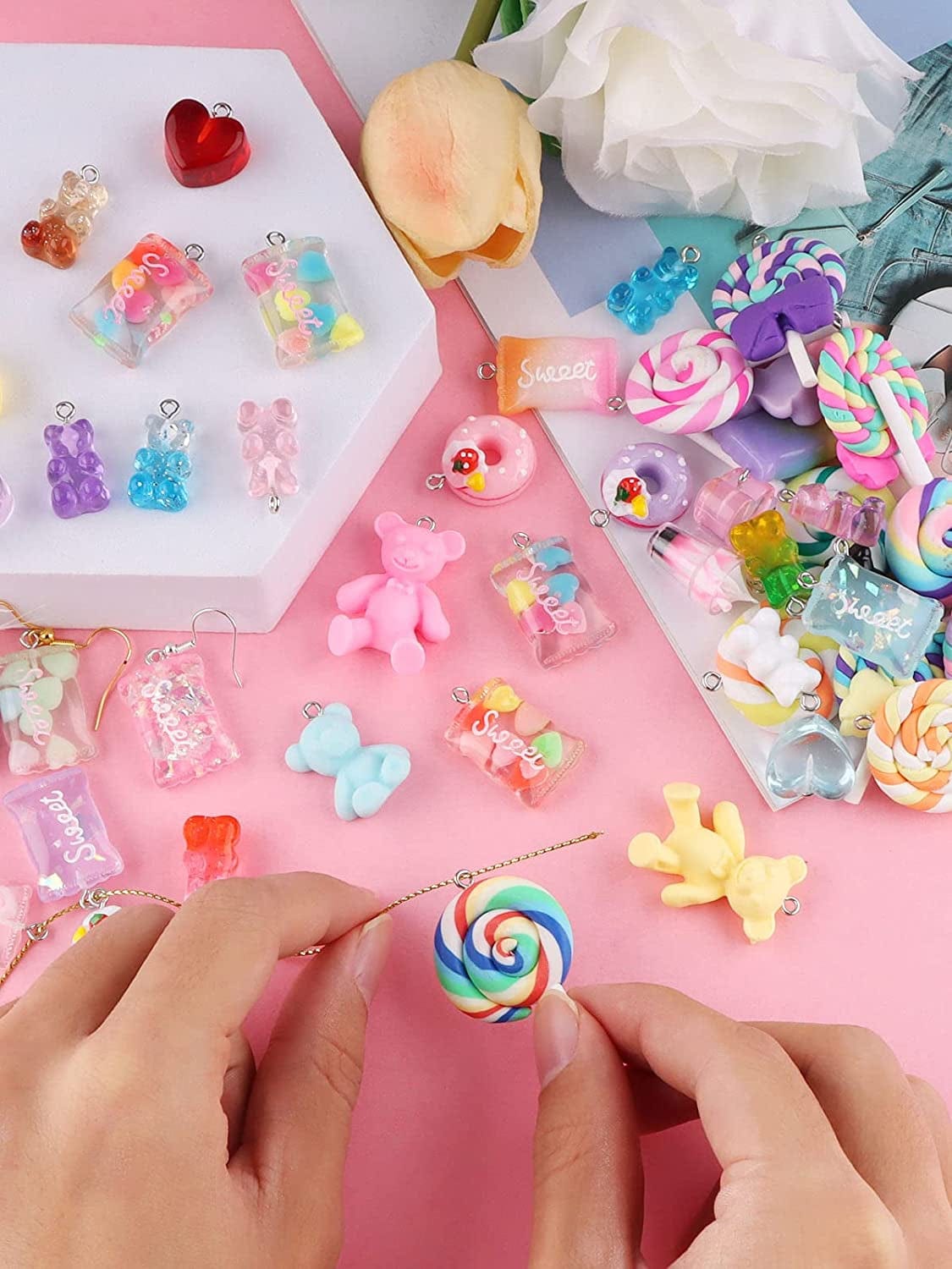 90PCS Candy Pendant Charms Colorful Polymer Clay Sweet Lollipop Charms Bear Charm Cute Ice Cream Pendant Ornaments for Women Girls Necklace Bracelet DIY Jewelry Craft Making