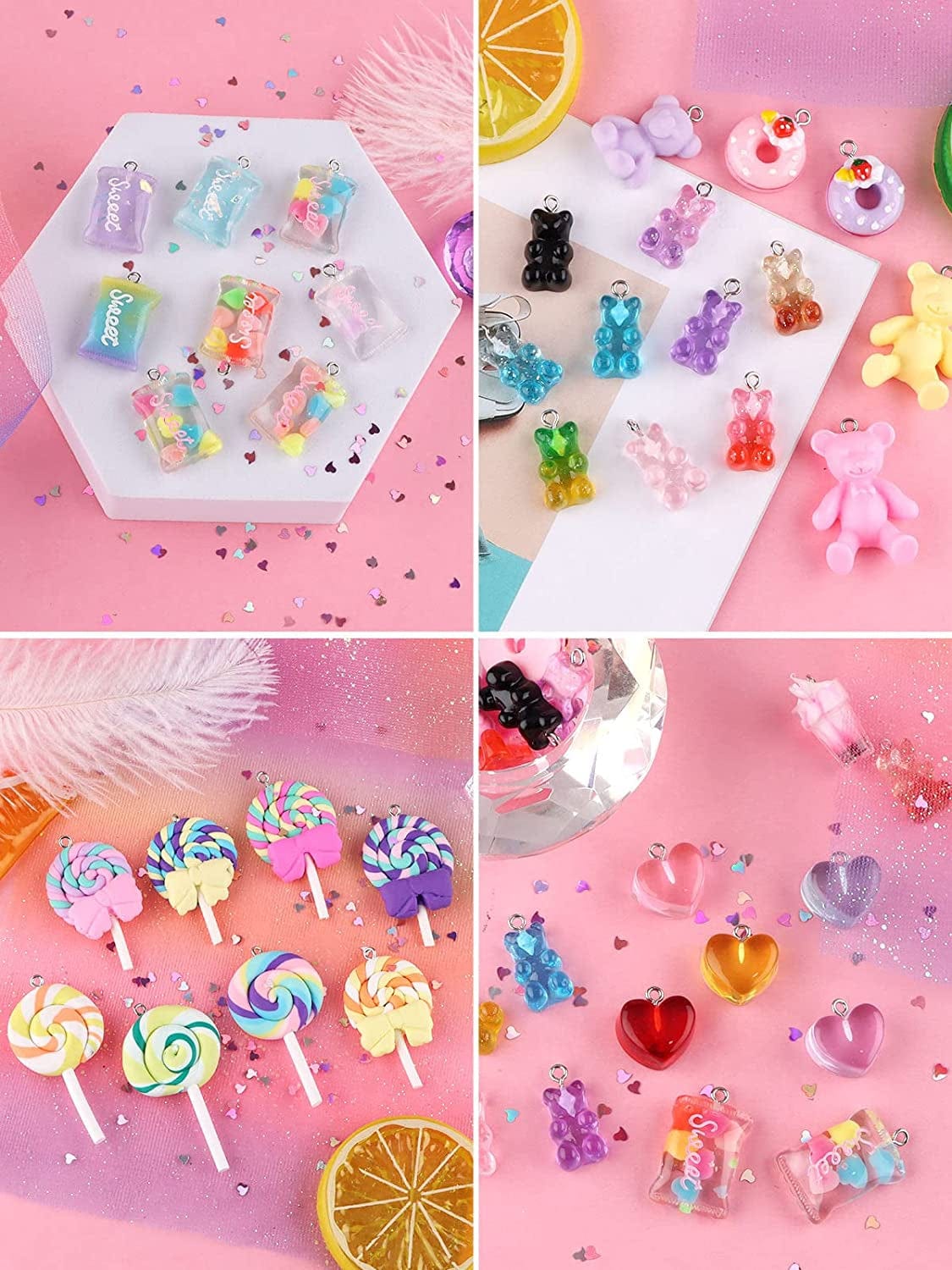 90PCS Candy Pendant Charms Colorful Polymer Clay Sweet Lollipop Charms Bear Charm Cute Ice Cream Pendant Ornaments for Women Girls Necklace Bracelet DIY Jewelry Craft Making