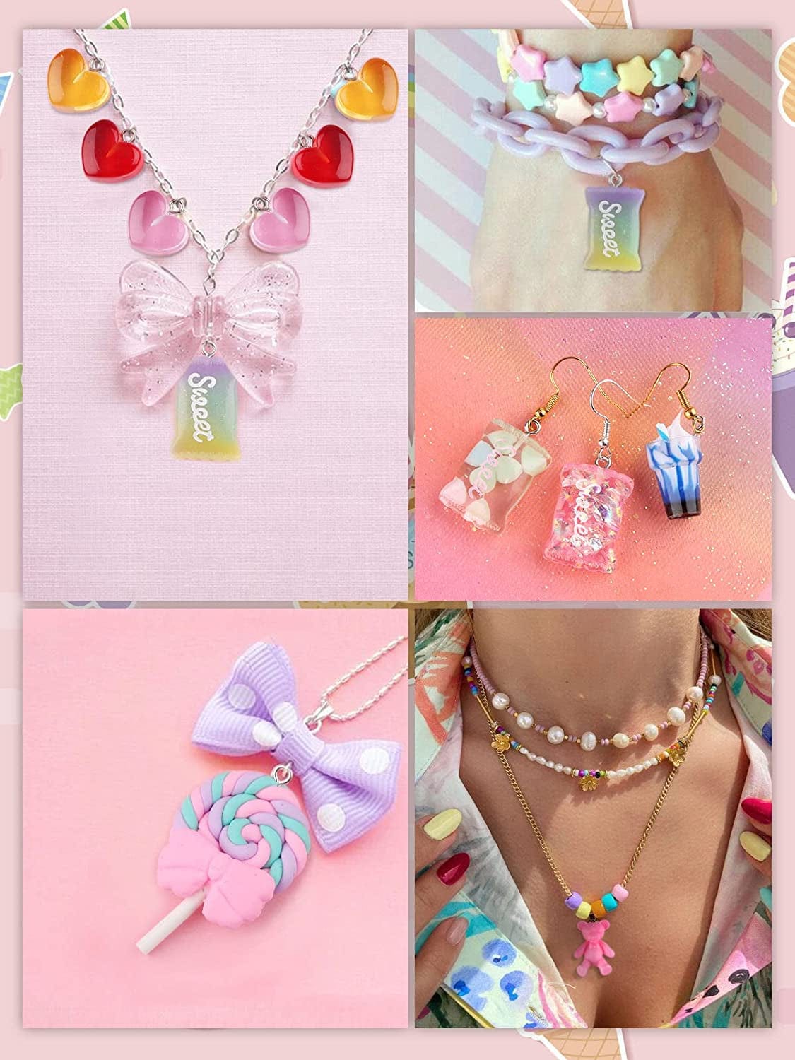 90PCS Candy Pendant Charms Colorful Polymer Clay Sweet Lollipop Charms Bear Charm Cute Ice Cream Pendant Ornaments for Women Girls Necklace Bracelet DIY Jewelry Craft Making