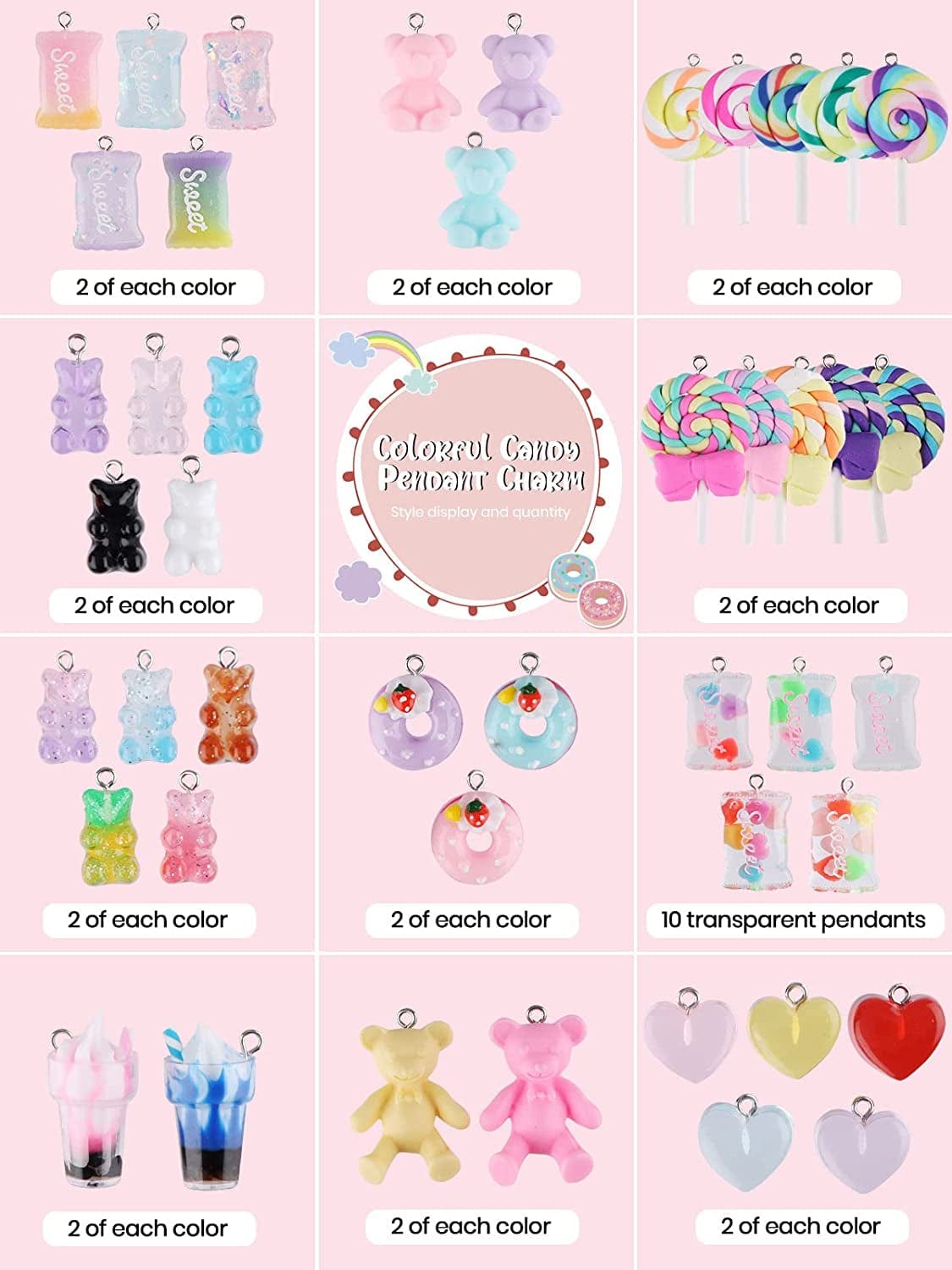 90PCS Candy Pendant Charms Colorful Polymer Clay Sweet Lollipop Charms Bear Charm Cute Ice Cream Pendant Ornaments for Women Girls Necklace Bracelet DIY Jewelry Craft Making
