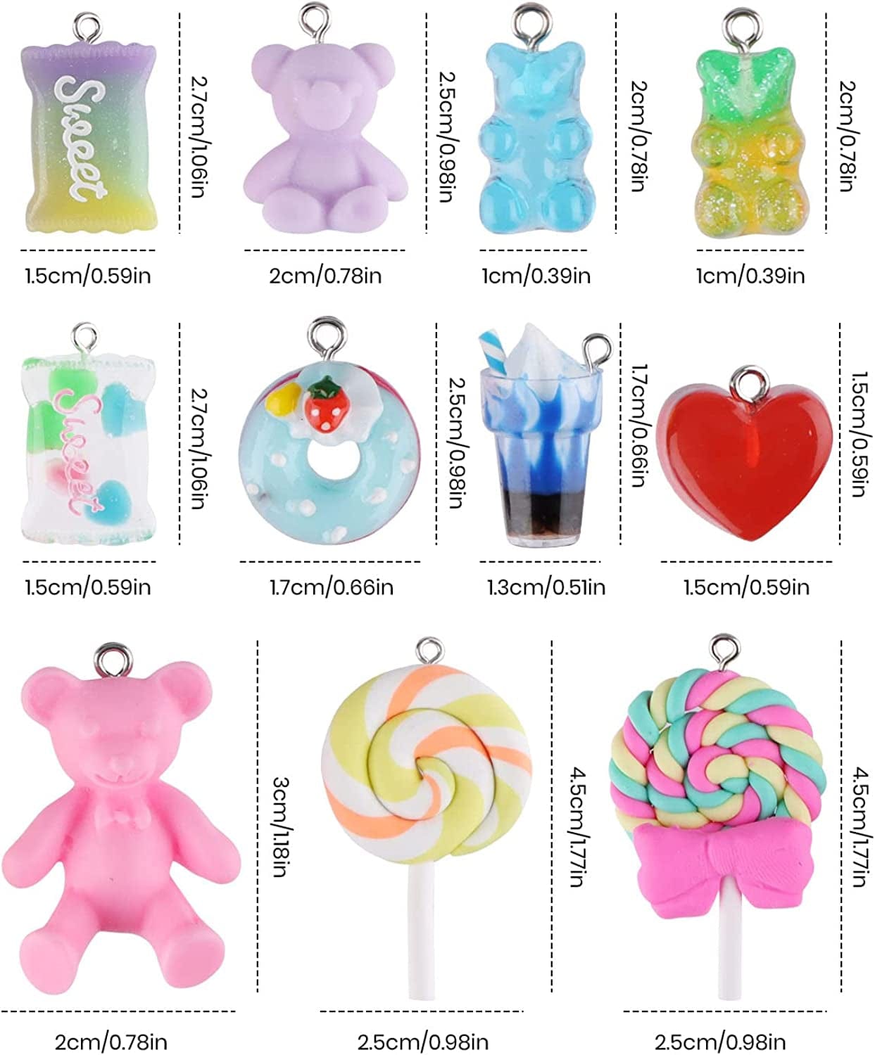 90PCS Candy Pendant Charms Colorful Polymer Clay Sweet Lollipop Charms Bear Charm Cute Ice Cream Pendant Ornaments for Women Girls Necklace Bracelet DIY Jewelry Craft Making