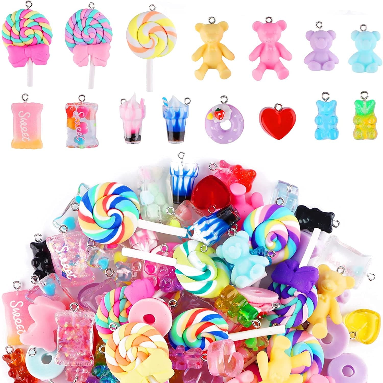 90PCS Candy Pendant Charms Colorful Polymer Clay Sweet Lollipop Charms Bear Charm Cute Ice Cream Pendant Ornaments for Women Girls Necklace Bracelet DIY Jewelry Craft Making